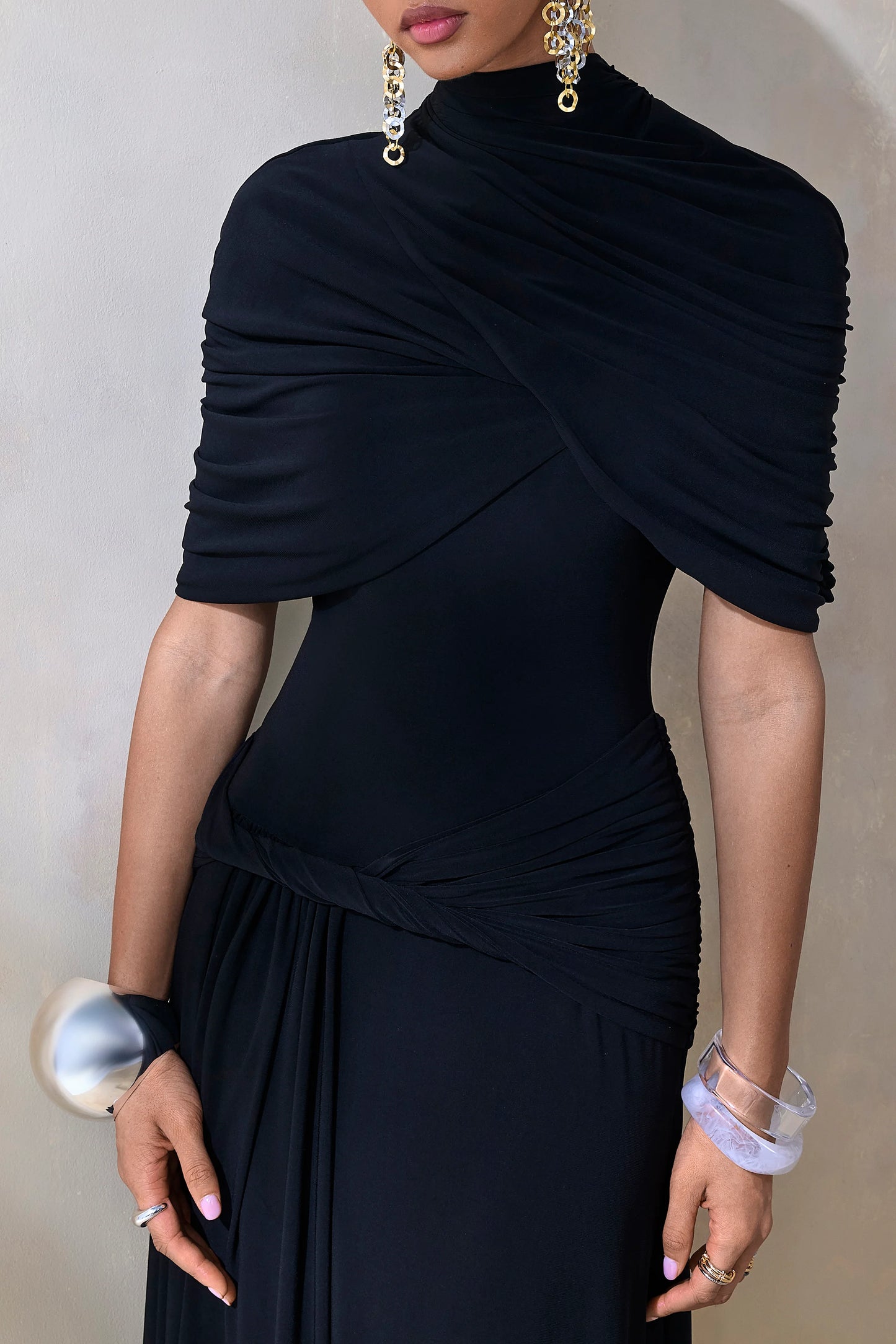 Evelisse Black High-Neck Maxi Dress With Short-Cape Sleeves
