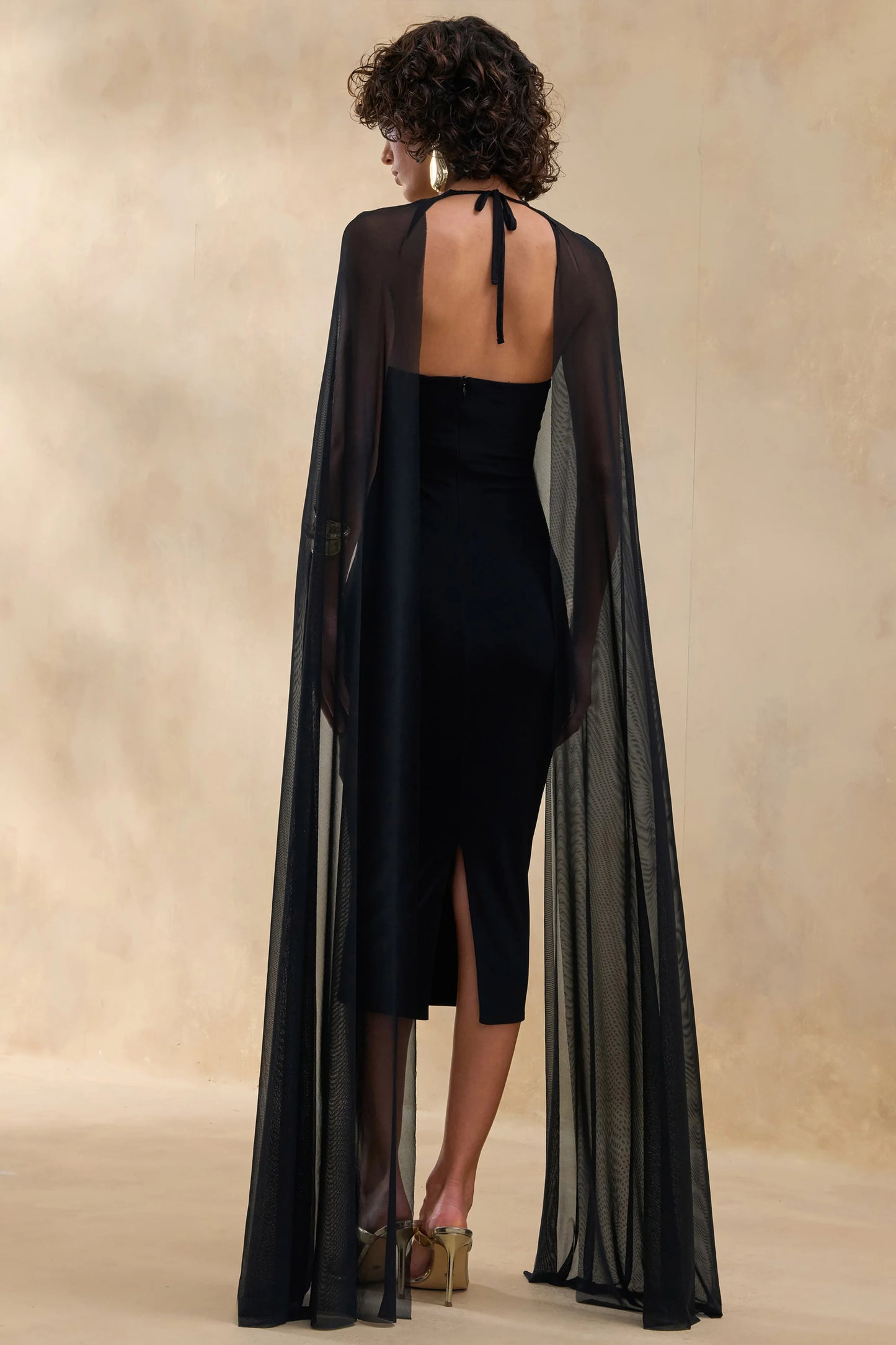 Filippa Black Crew-Neck Midi Dress With Sheer Cape-Sleeves