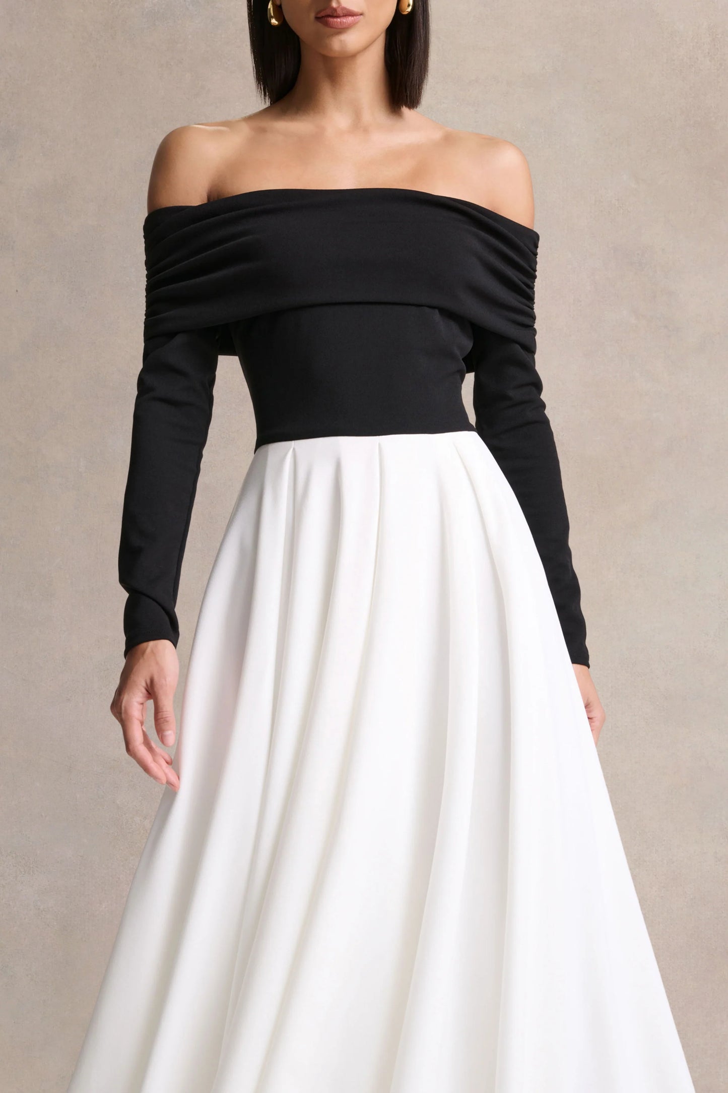 Frederica Black And White Bardot-Neck Midi Dress