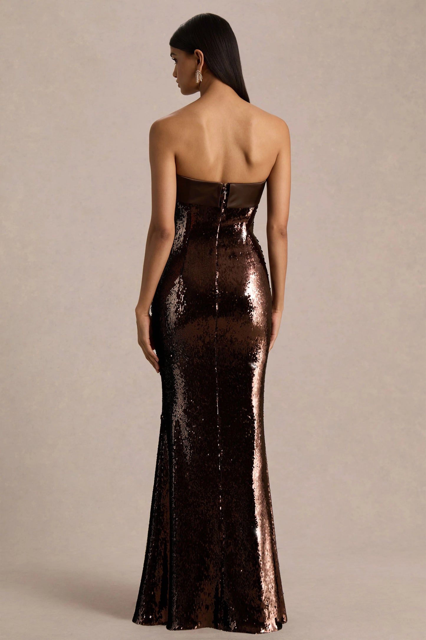Leona Brown Sequin Bandeau Maxi Dress With Satin Trim