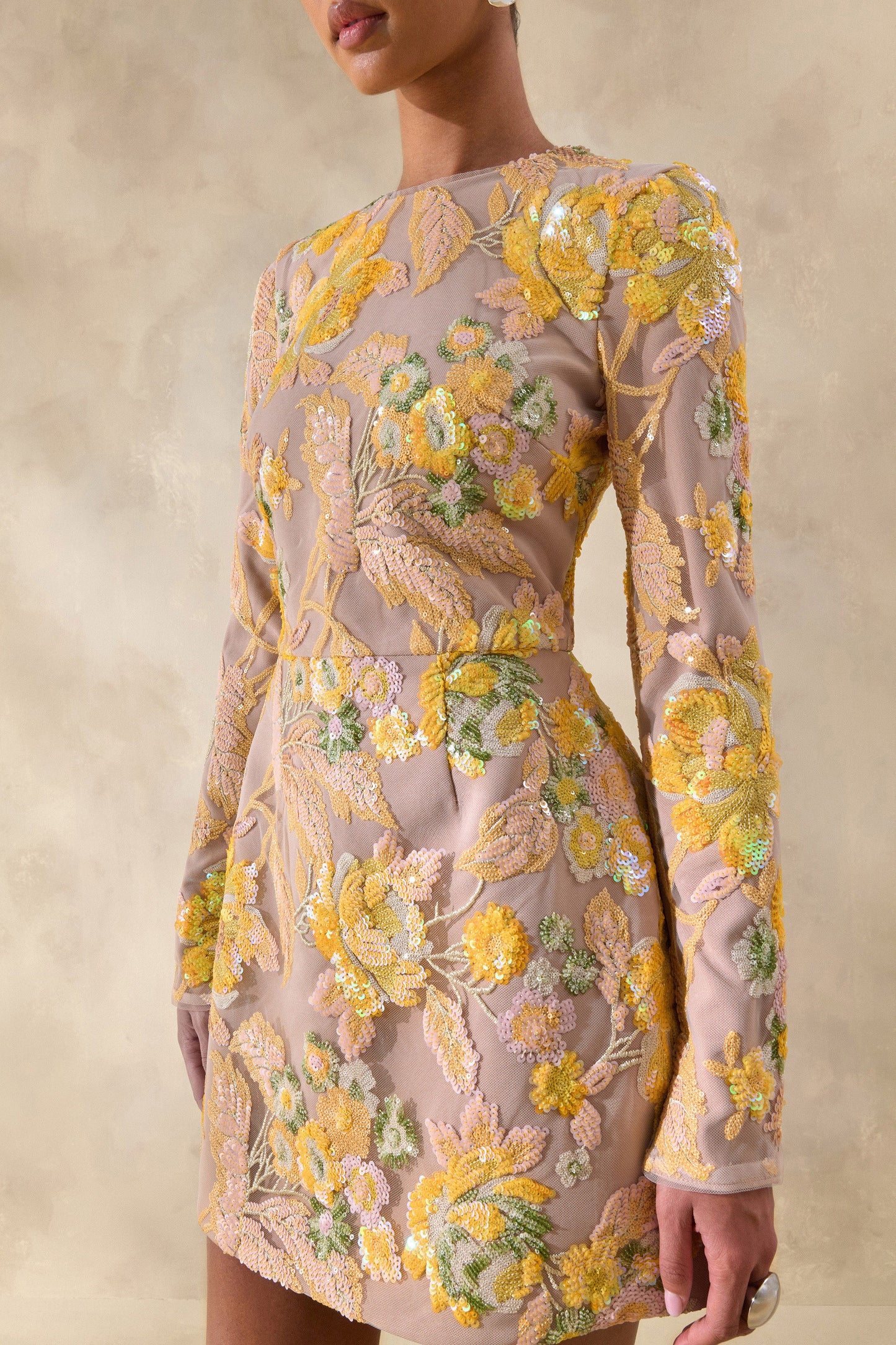 Merdia Yellow Embellished Floral Crew-Neck Mini Dress