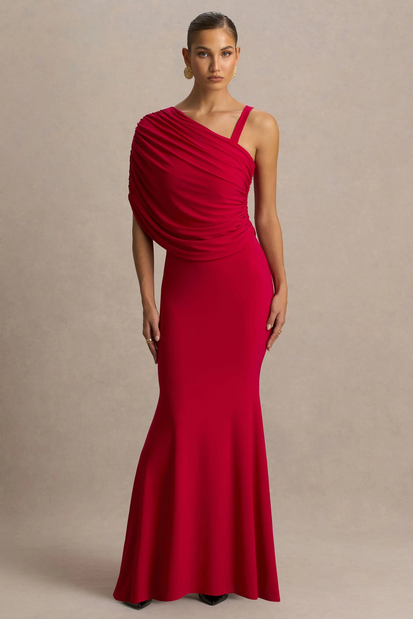 Sylvie Red Asymmetric-Neck Maxi Dress