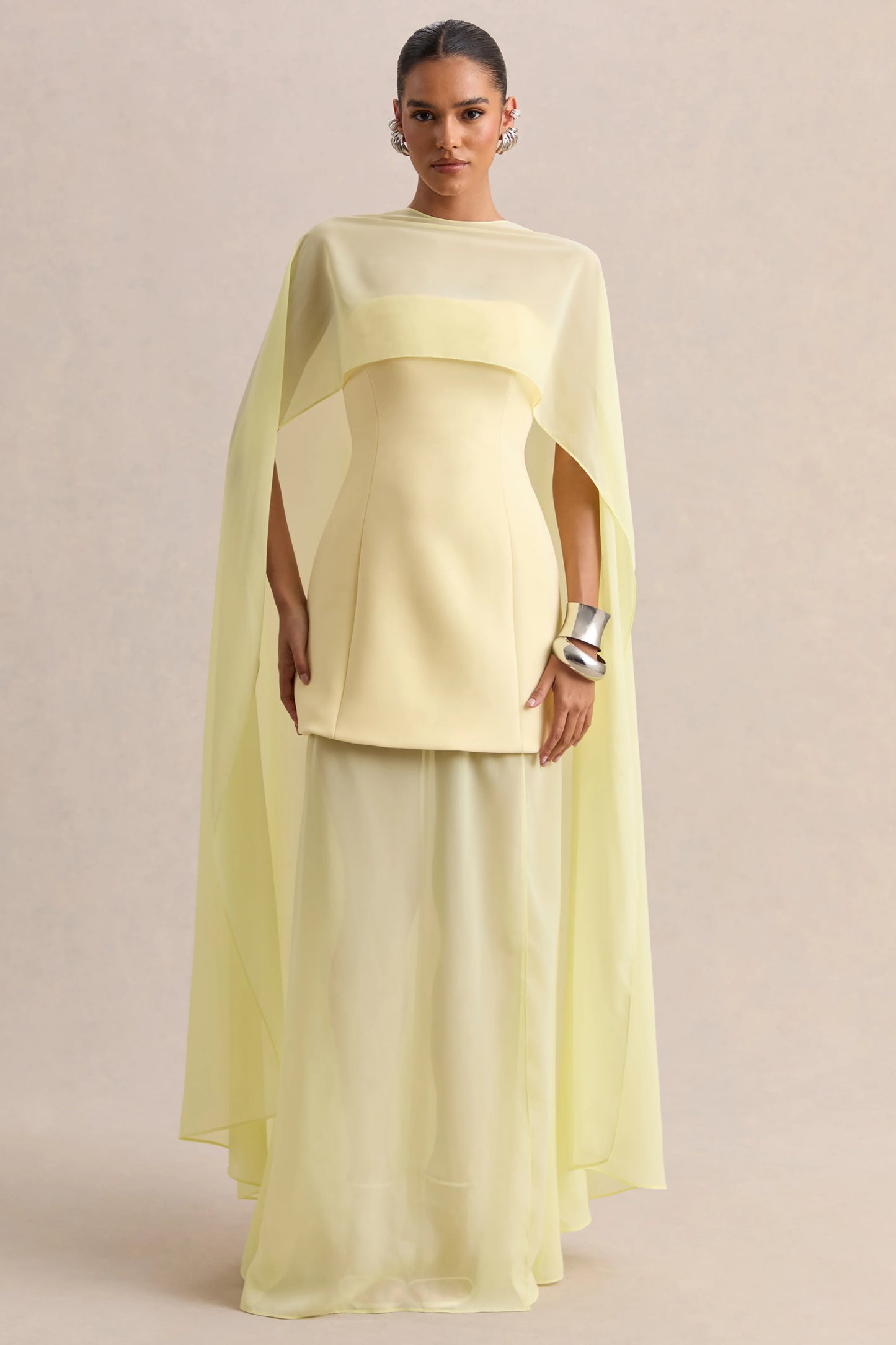 Chessa Lemon Boat-Neck Maxi Dress With Sheer Cape