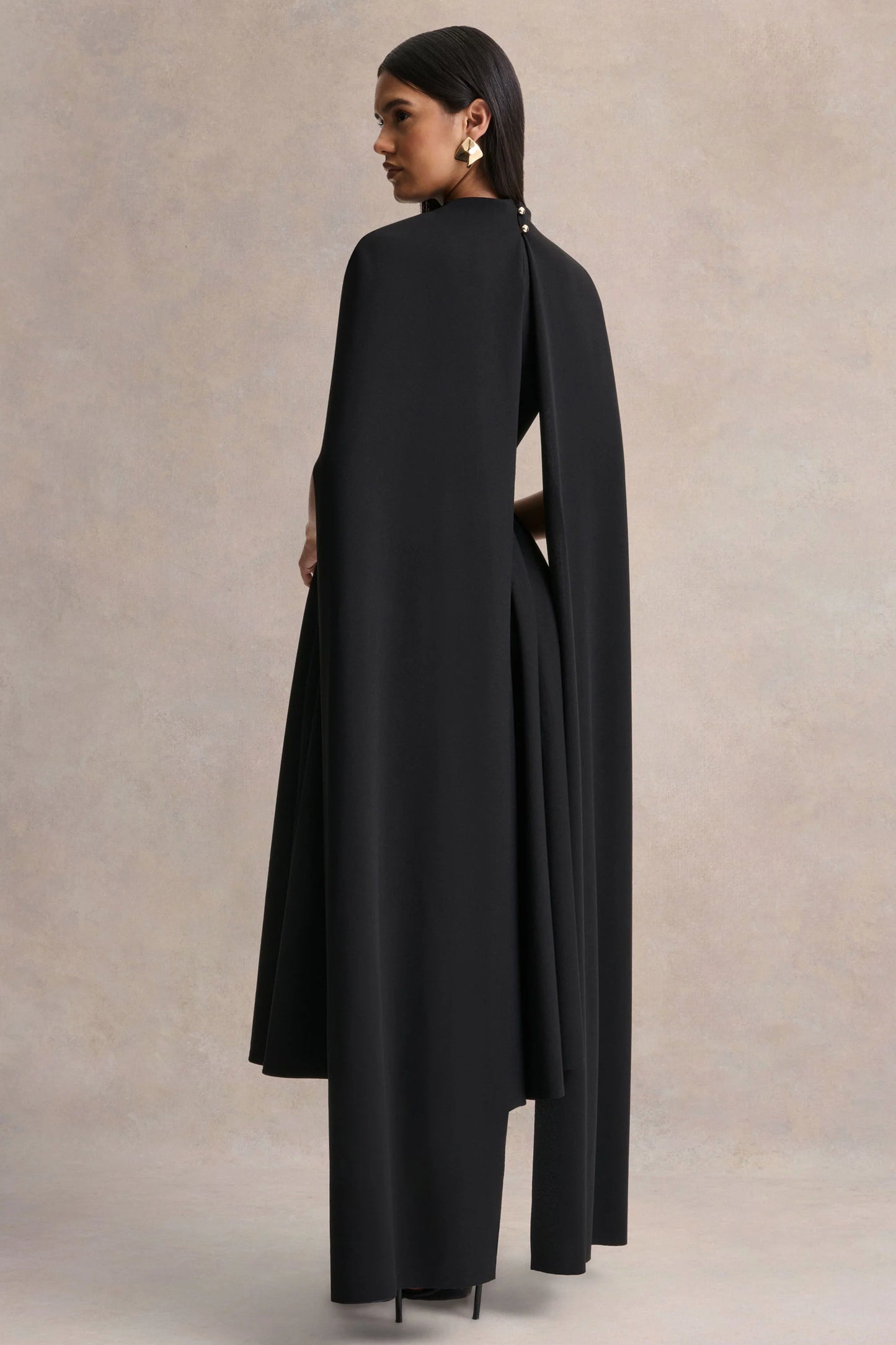 Nova Black High-Neck Midi Dress With Cape-Sleeves