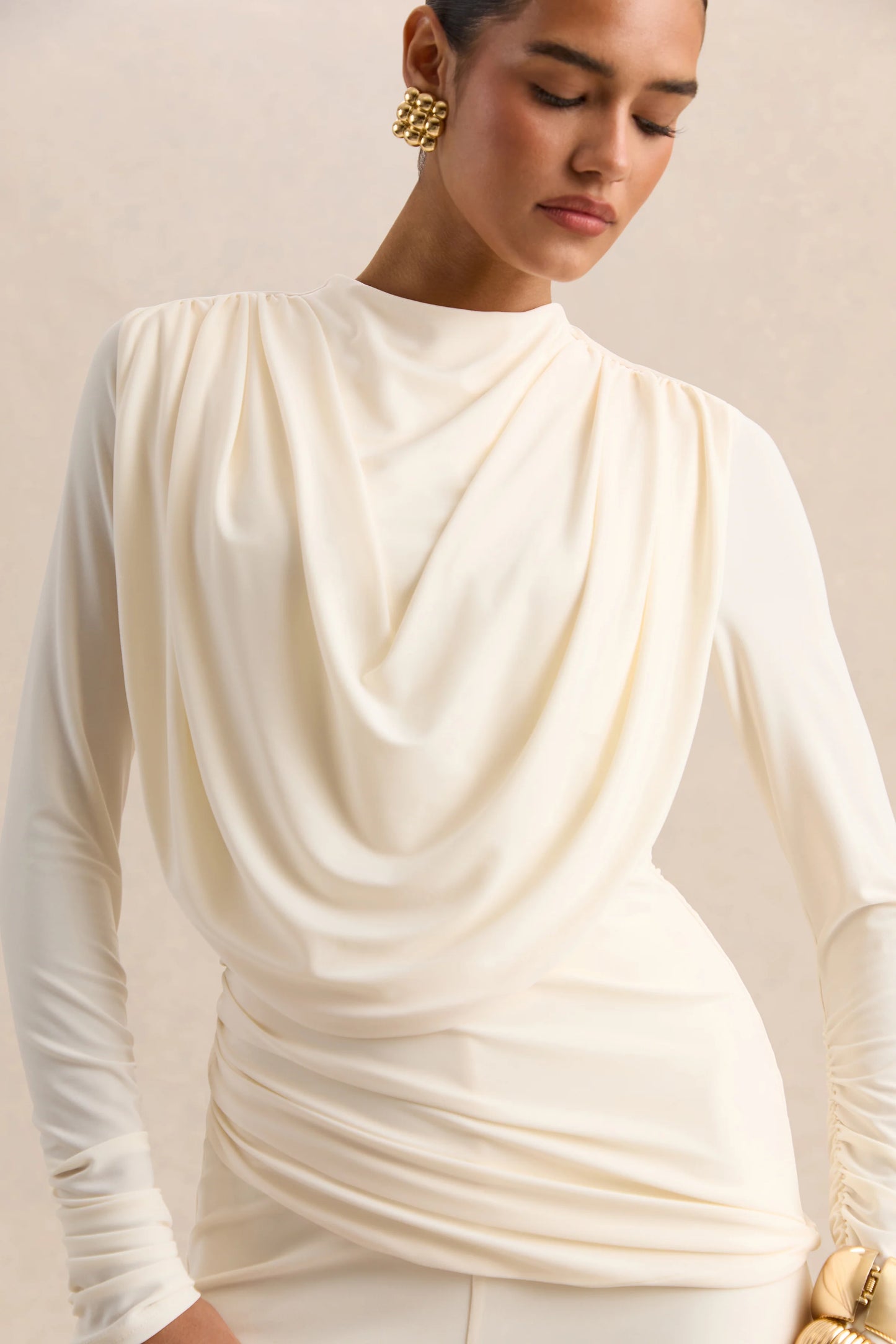 Raniella White High-Neck Top With Gathered And Draped-Detailing