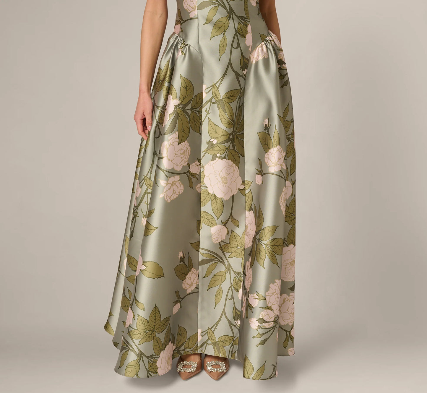 Drop Waist Square Neck Floral Ballgown In Sage Multi