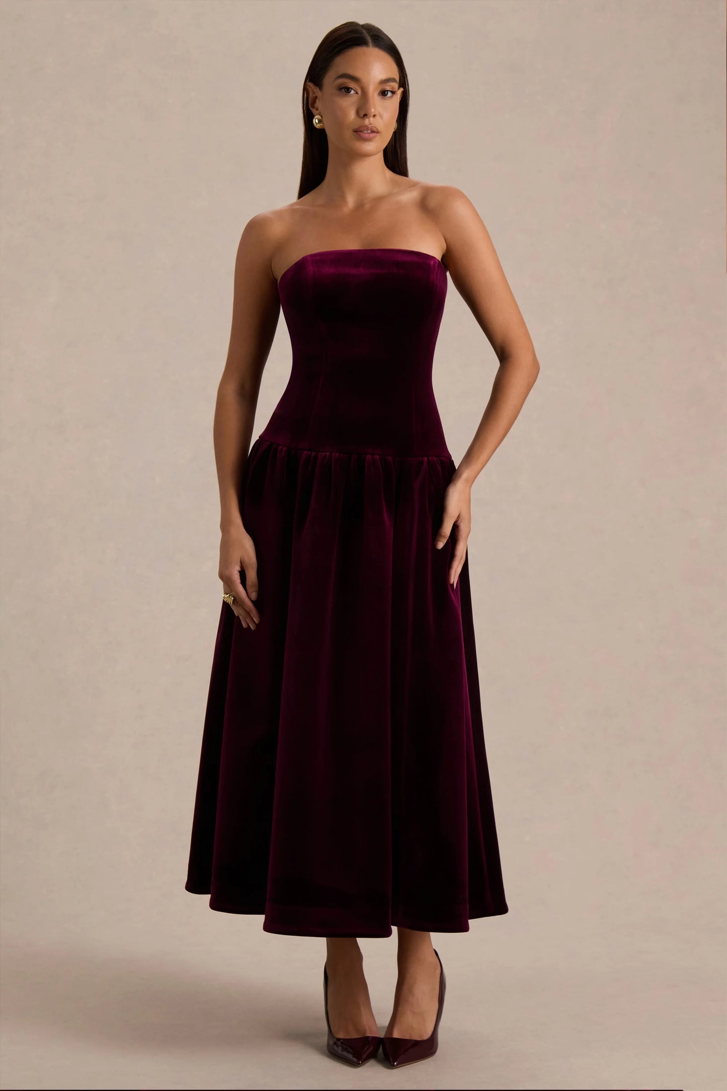 Violetta Burgundy Velvet Bandeau Midi Dress With Drop-Waist And Gathered Skirt