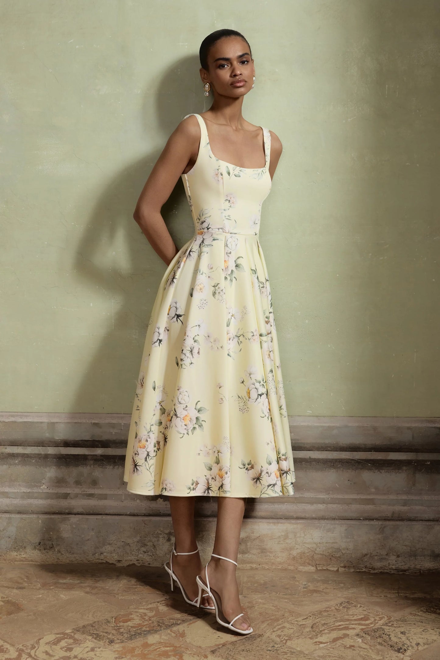 Lissa Lemon Floral Bouquet Print Square-Neck Midi Dress