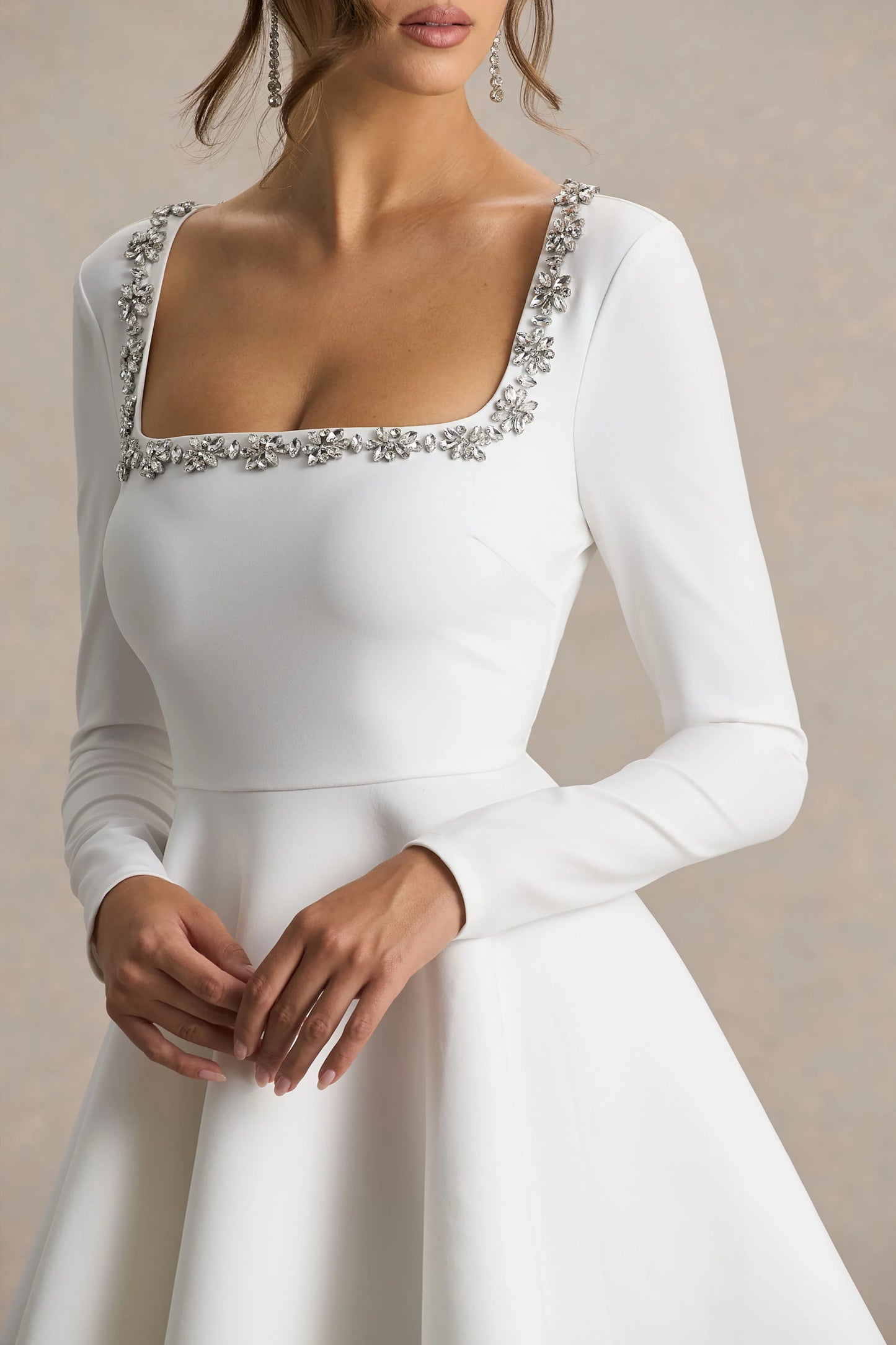 Astonish White Long-Sleeve Embellished Square-Neck Mini Dress With Volume Skirt