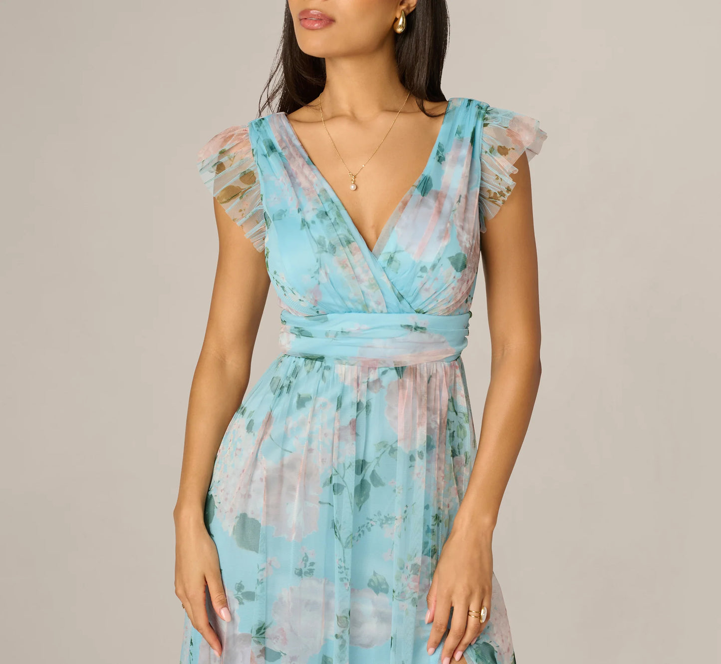 Flutter Sleeve Floral Tulle Maxi Dress In Blue Multi