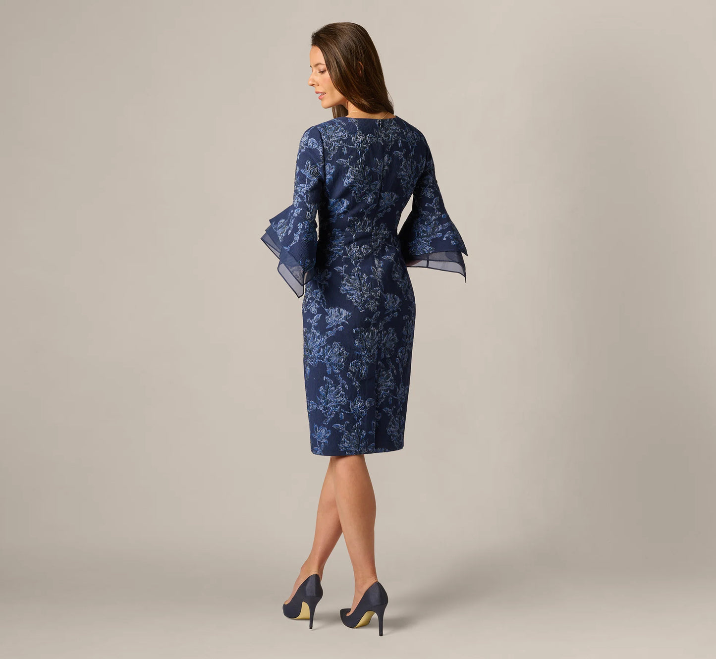 Floral Jacquard Bell Sleeve Sheath Dress In Navy Sateen