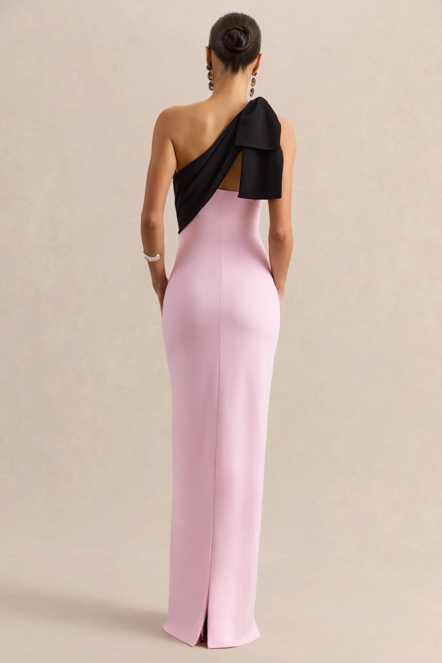 Adara Pink & Black Asymmetric-Neck Maxi Dress With Bow-Detail