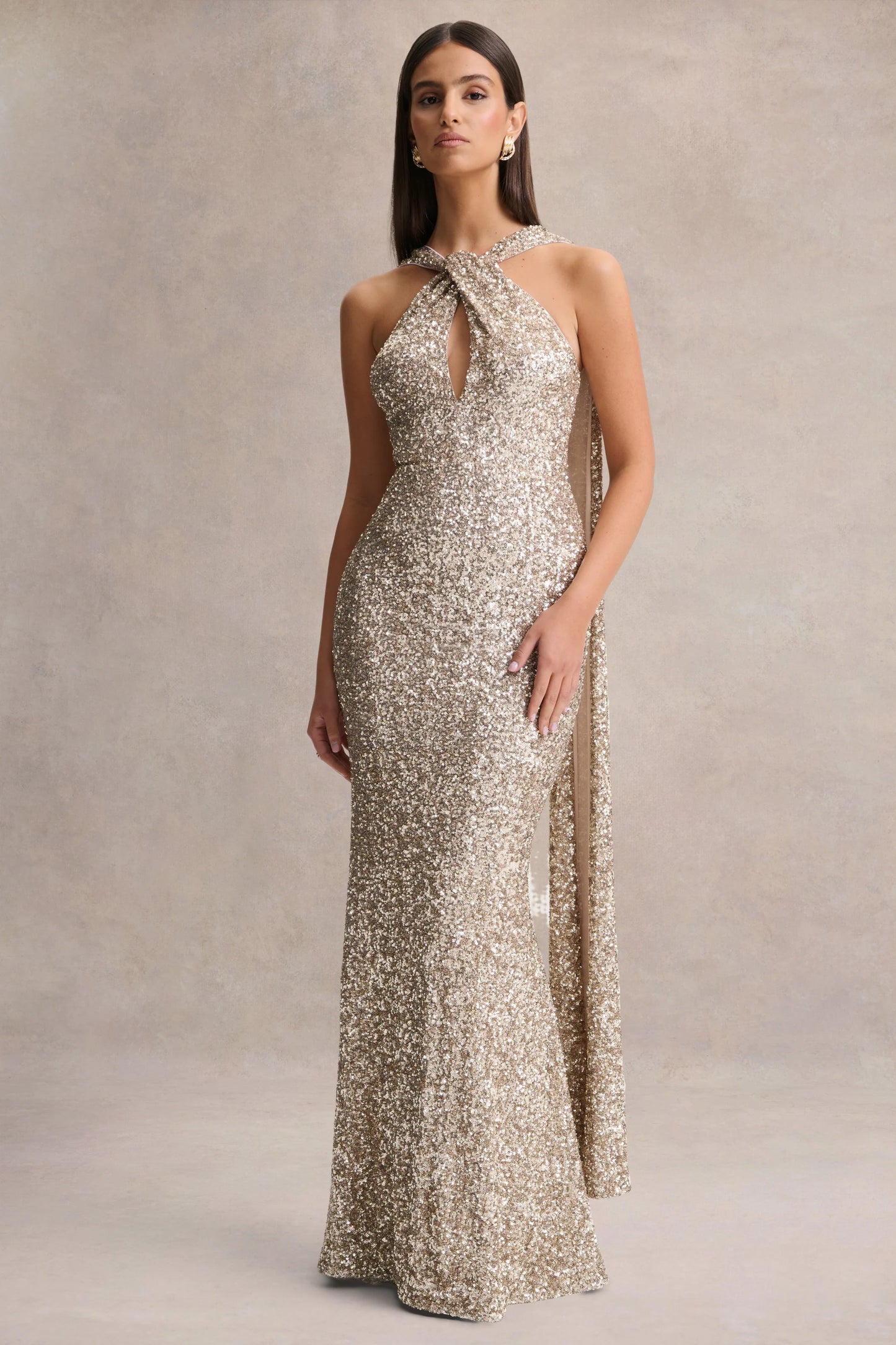 Renelle Gold Sequin Halter-Neck Maxi Dress