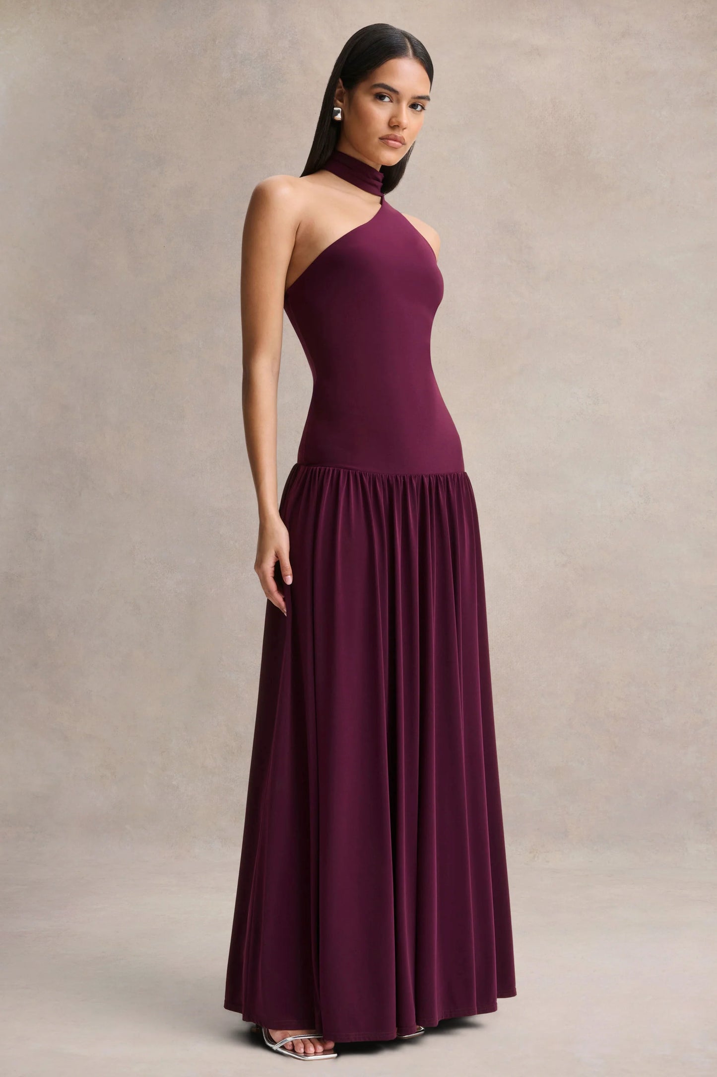 Freesia Plum Asymmetric-Neck Maxi Dress With Scarf-Detail