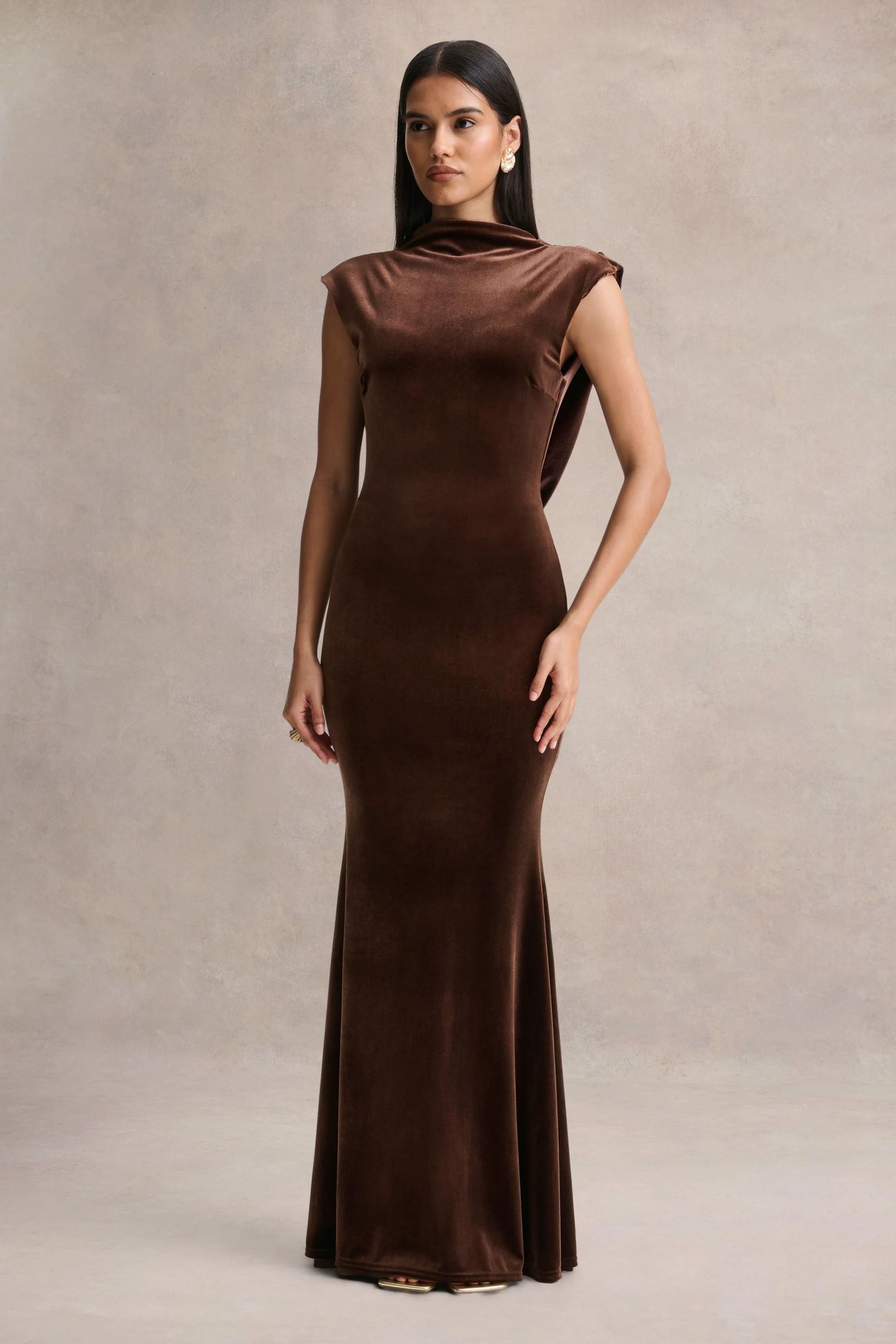 Malora Brown Velvet High-Neck Maxi Dress With Open-Back