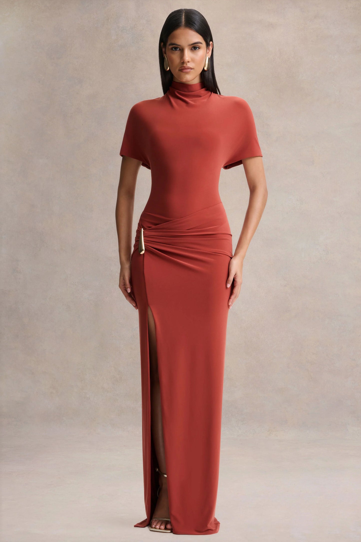 Arlena Rust High-Neck Wrapped Maxi Dress