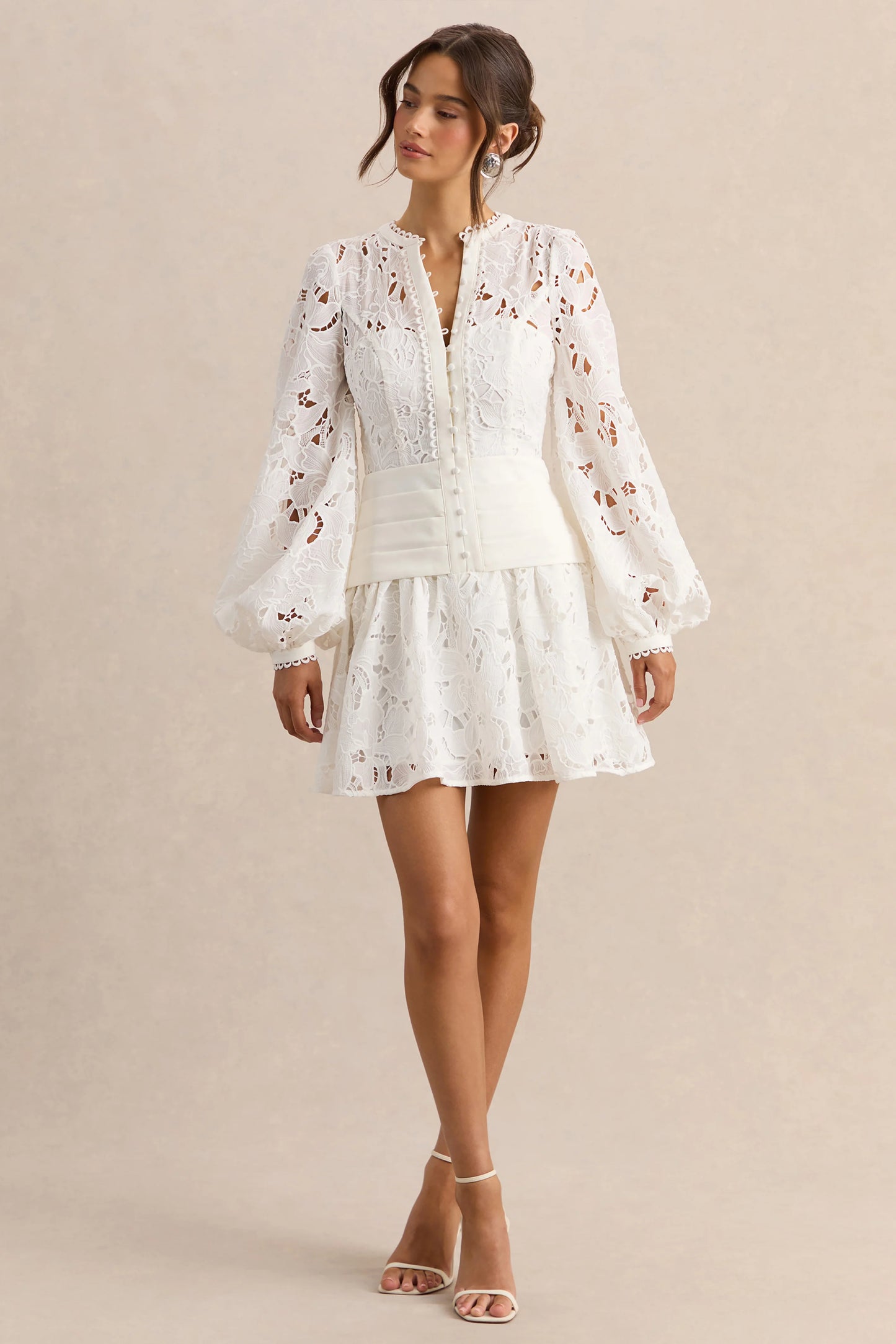 Helena White Crew-Neck Mini Dress With Puff-Sleeves and Pleated Skirt