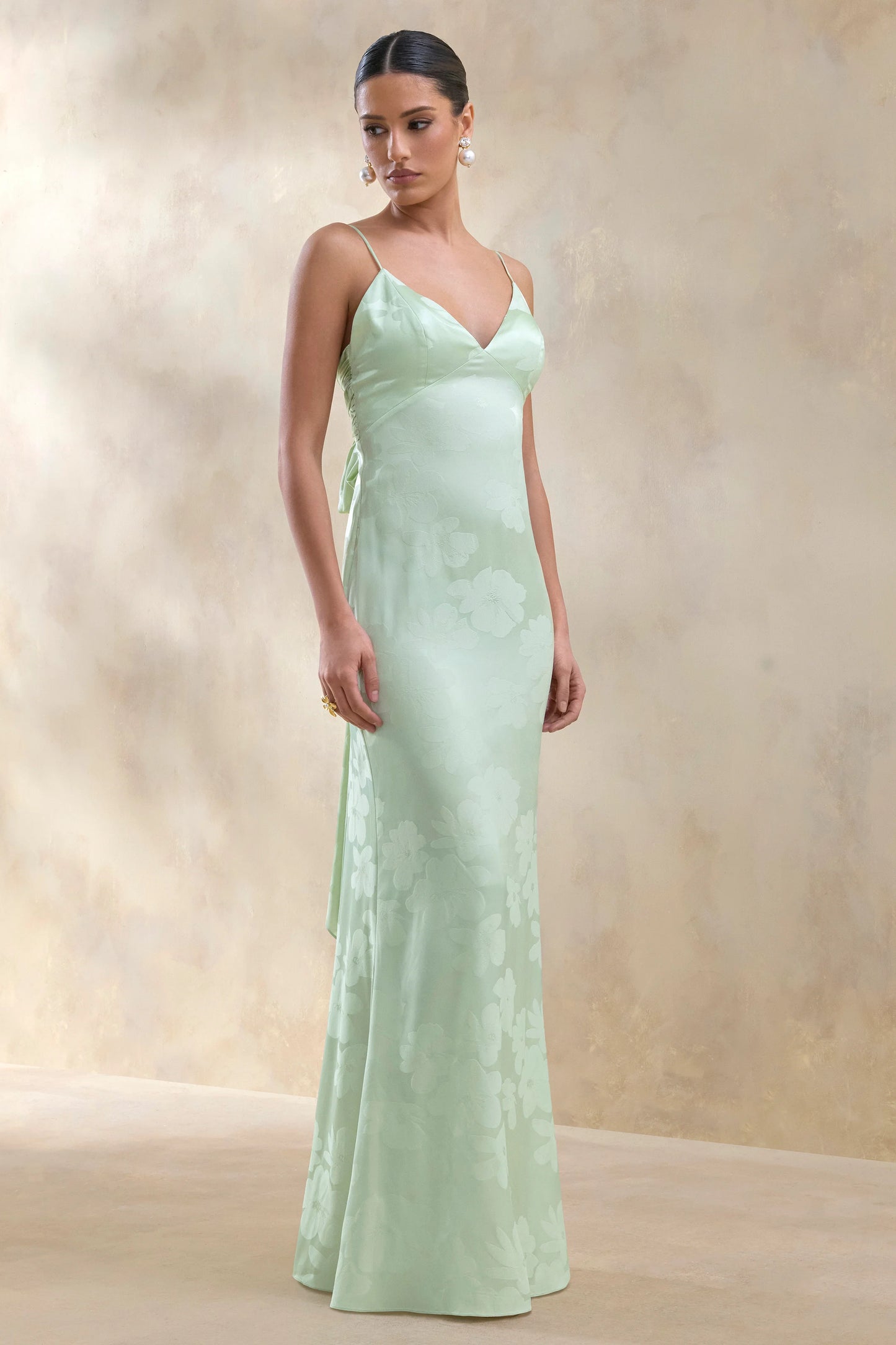 Carelle Green Satin Plunge-Neck Maxi Dress With Asymmetric Drop-Waist