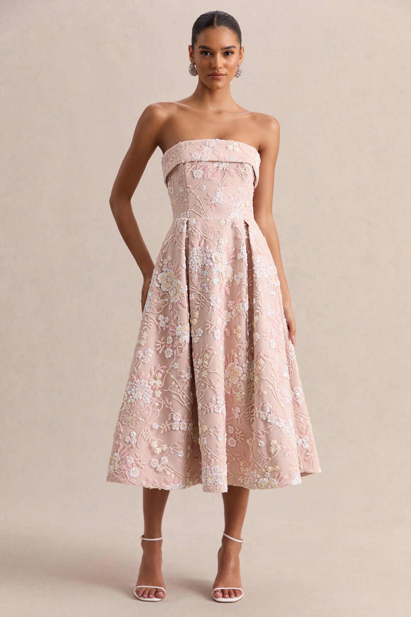Amaris Pink Embellished Floral Bandeau Skater Midi Dress