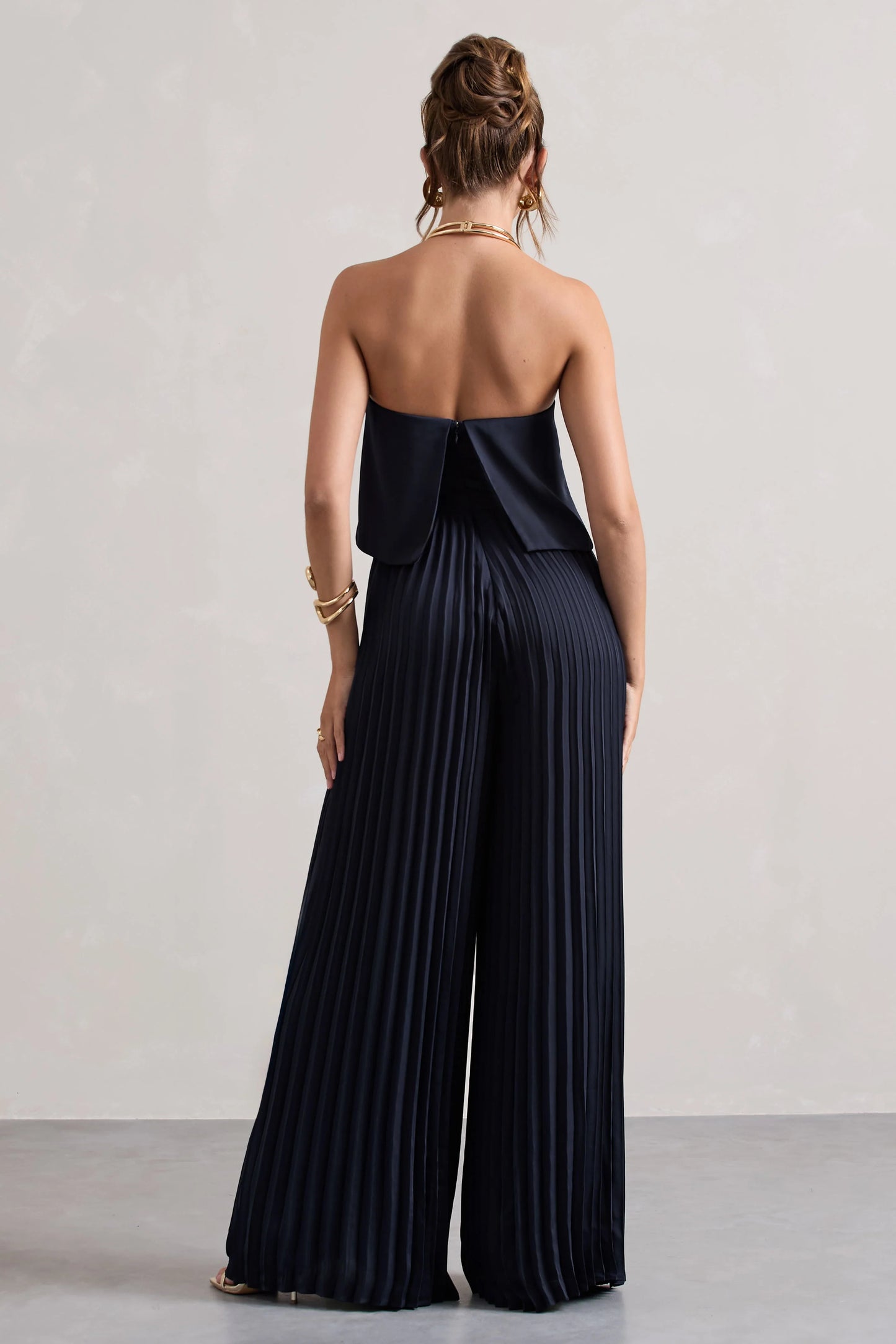 Tammi Navy Satin Strapless Plisse Wide-Leg Jumpsuit