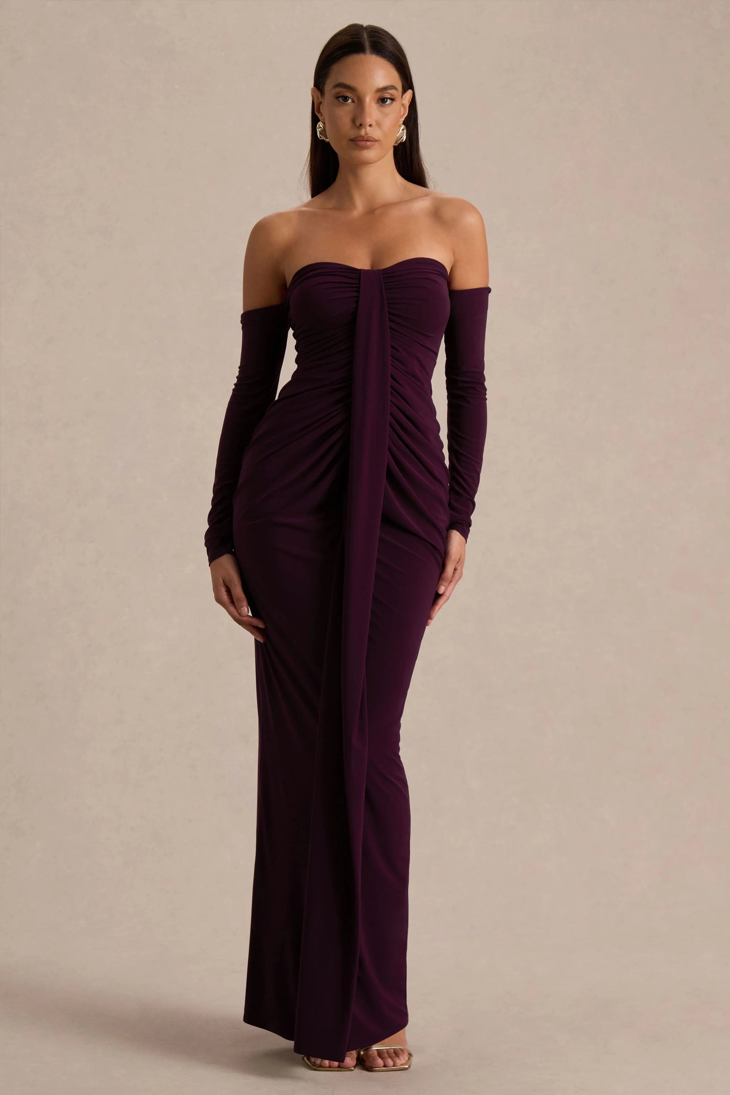 Harper Plum Bardot-Neck Maxi Dress
