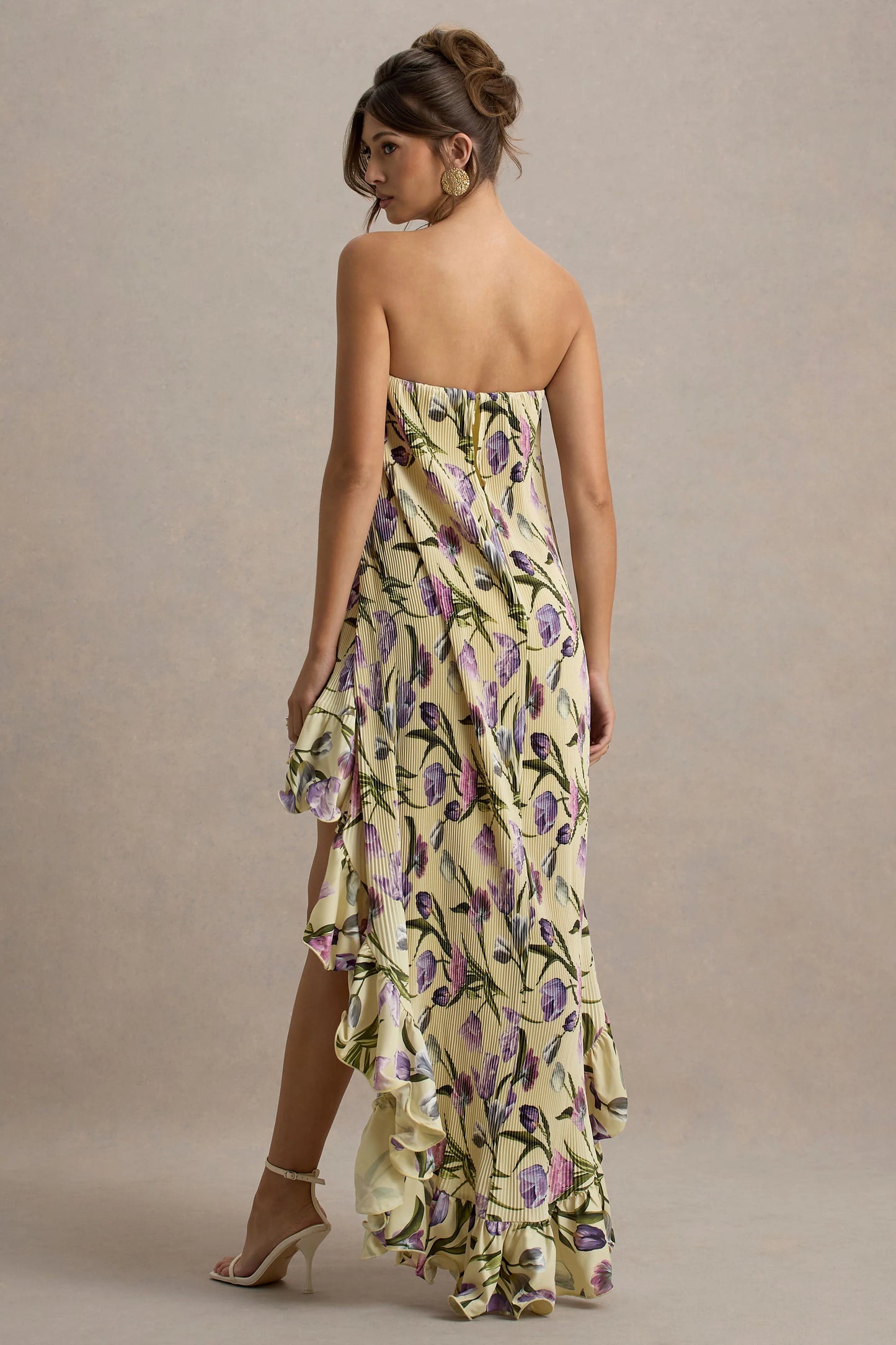 Whistler Tulip Floral Print Chiffon Bandeau High-Low Ruffled Maxi Dress