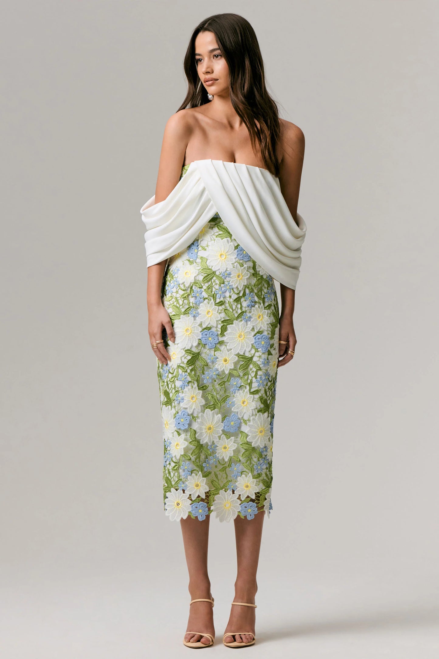 Entitled Cream Floral Lace Bardot Midi Dress