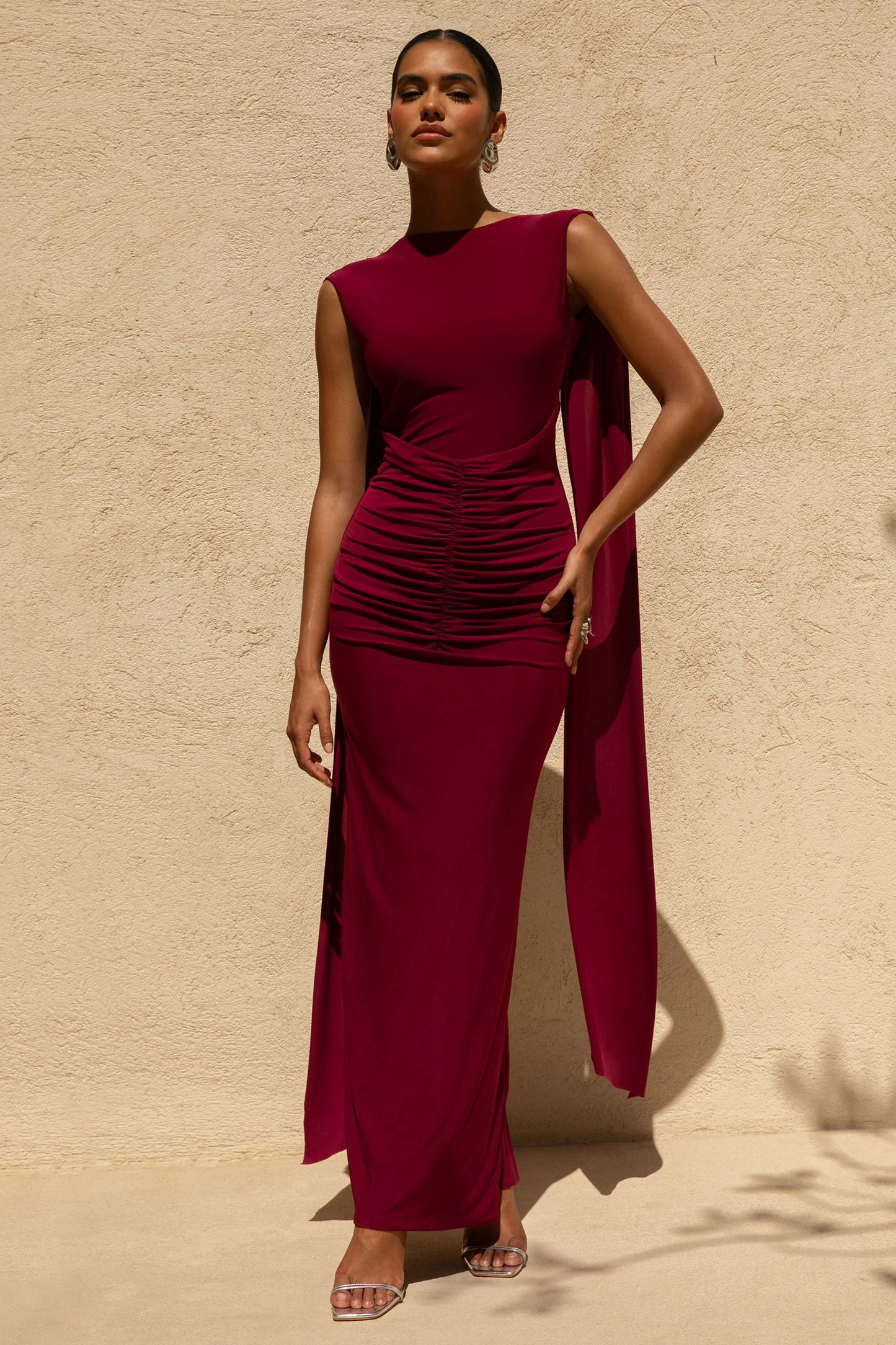Saige Burgundy Cap-Sleeve Gathered Maxi Dress