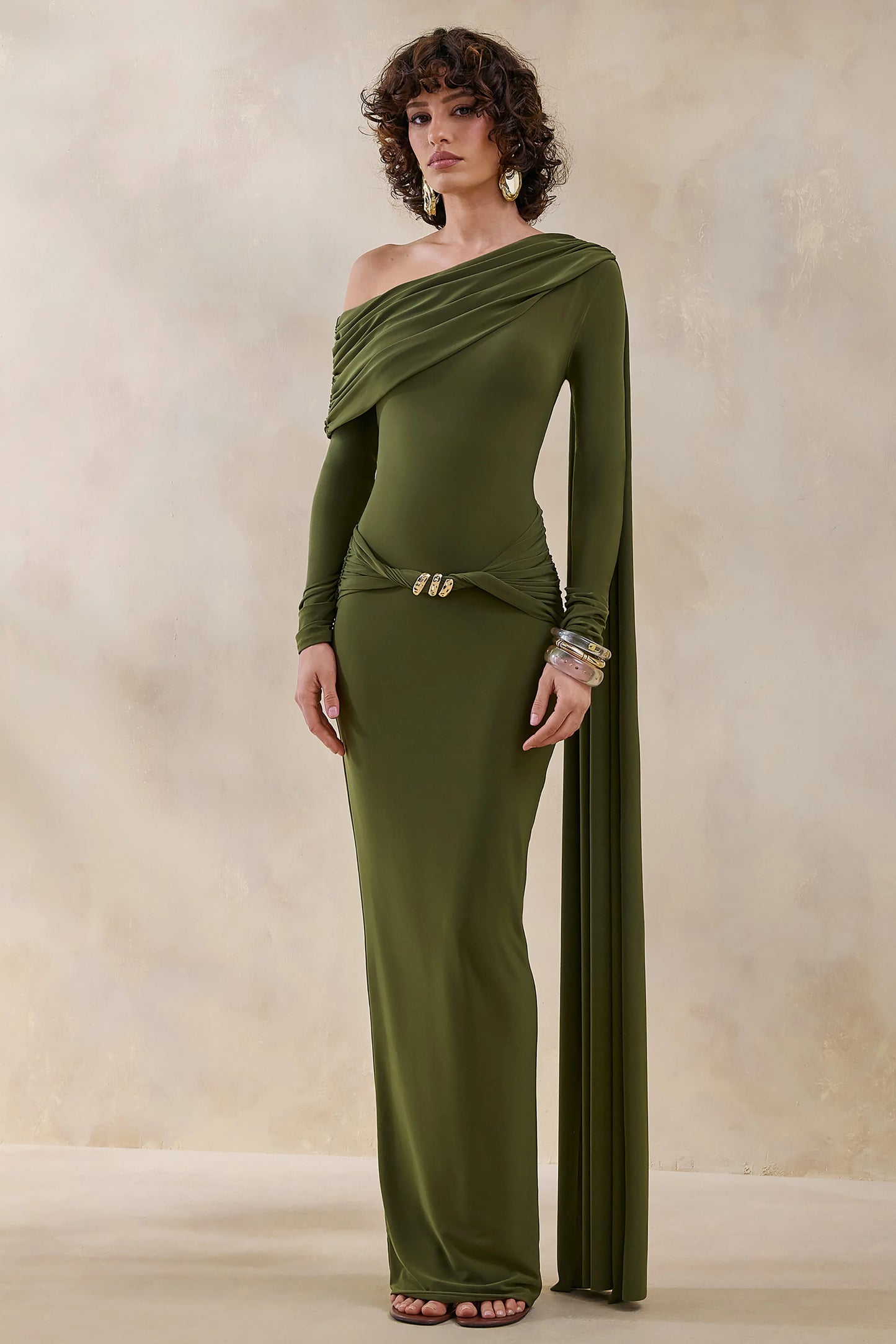 Bessy Green Asymmetric-Neck Maxi Dress With Gathered-Detailing And Sash