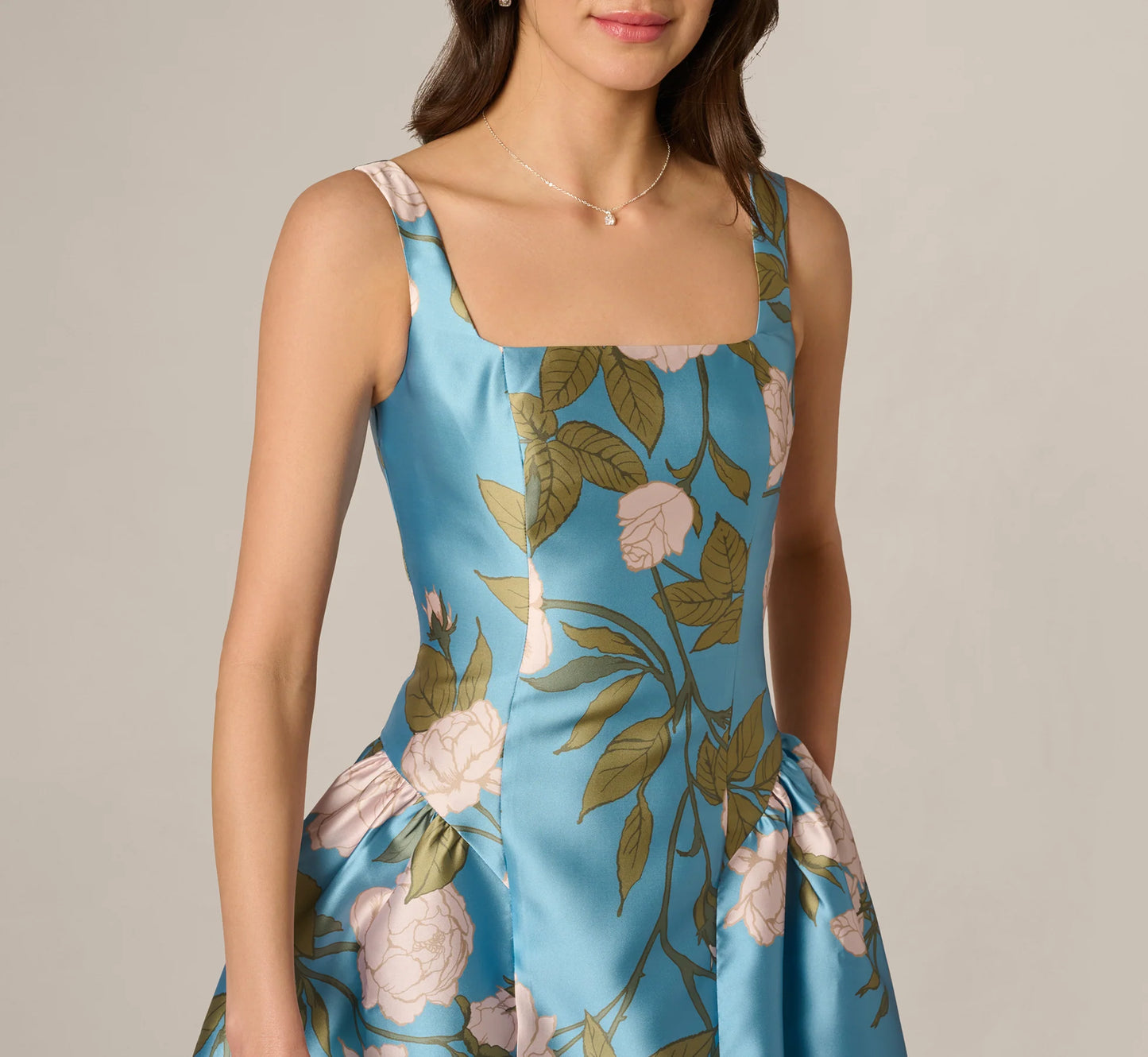 Drop Waist Square Neck Floral Ballgown In Blue Multi