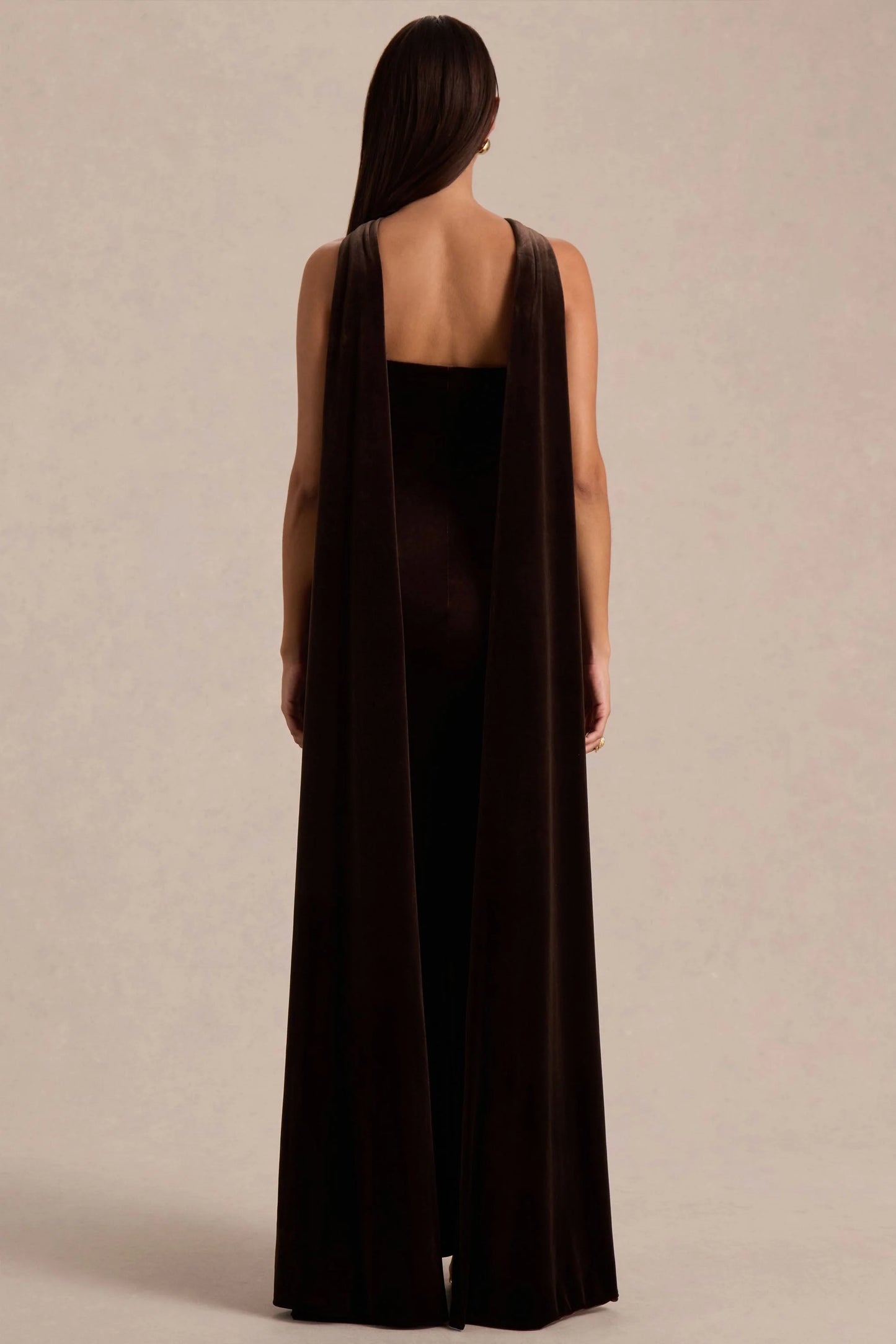 Layli Brown Velvet Halter-Neck Maxi Dress With Cape