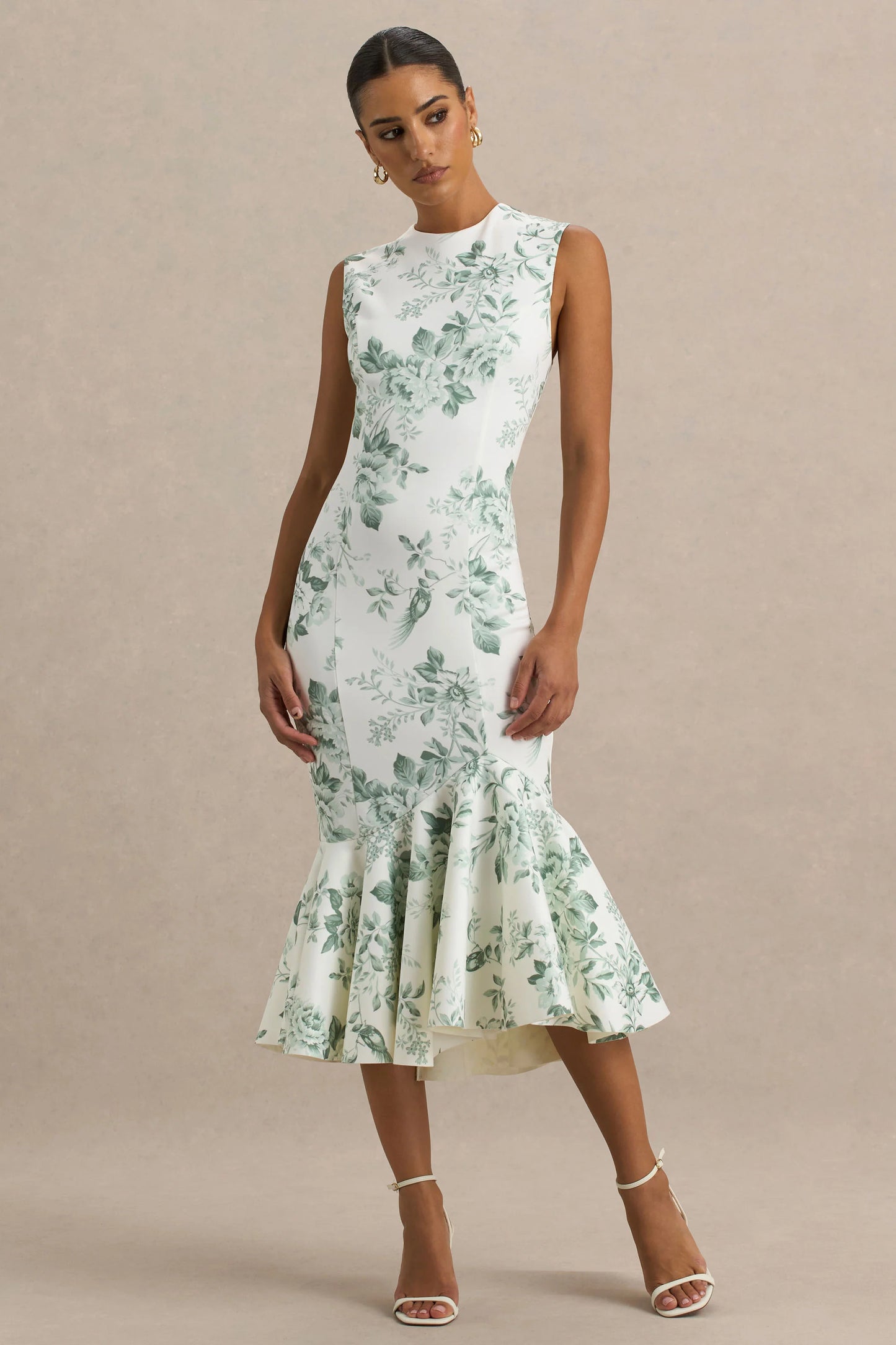 Priceless Green Porcelain Print Print High-Neck Fishtail Midi Dress