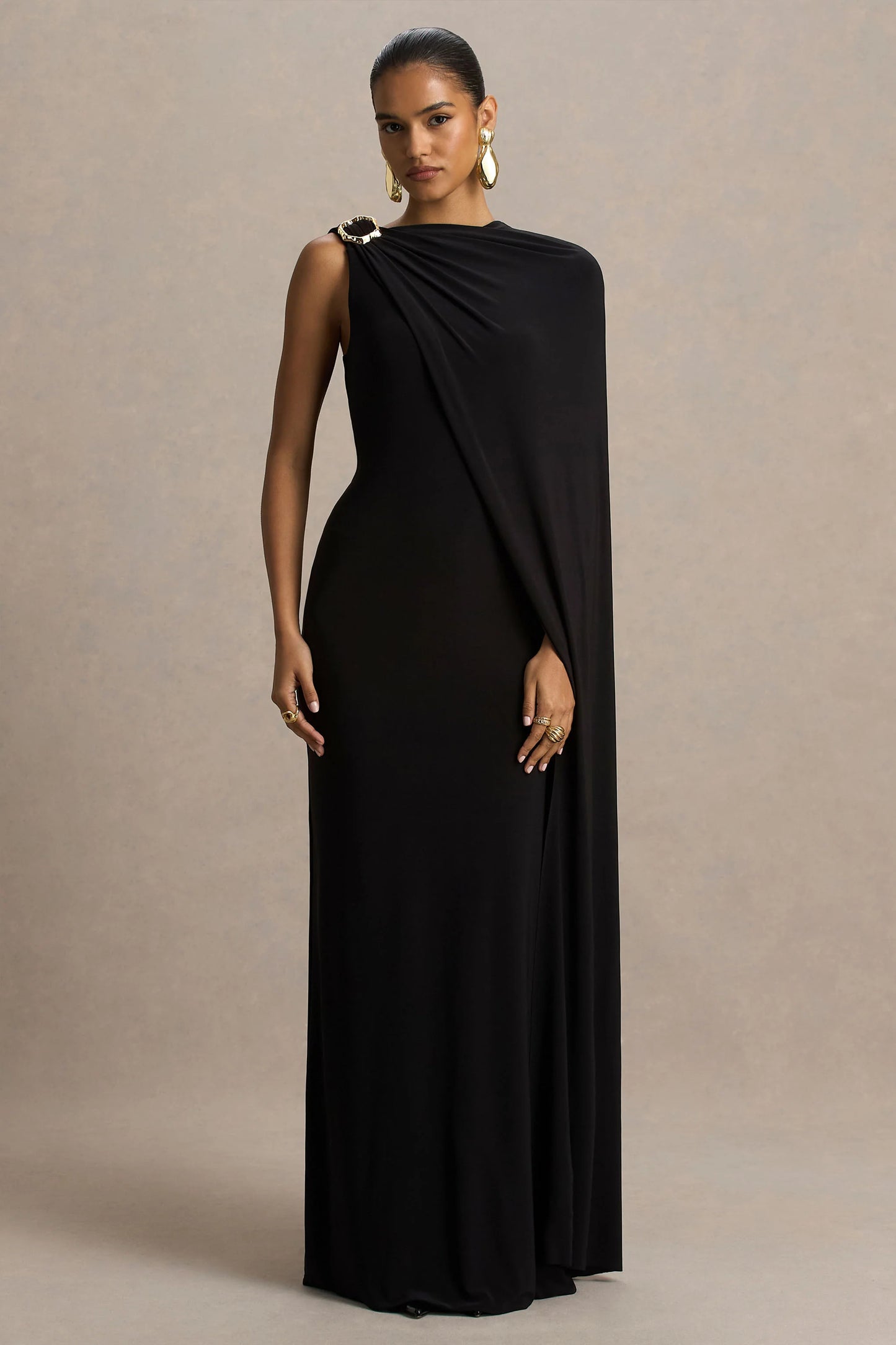 Cressida Black Asymmetric-Neck Maxi Dress With Cape And Gold Detail