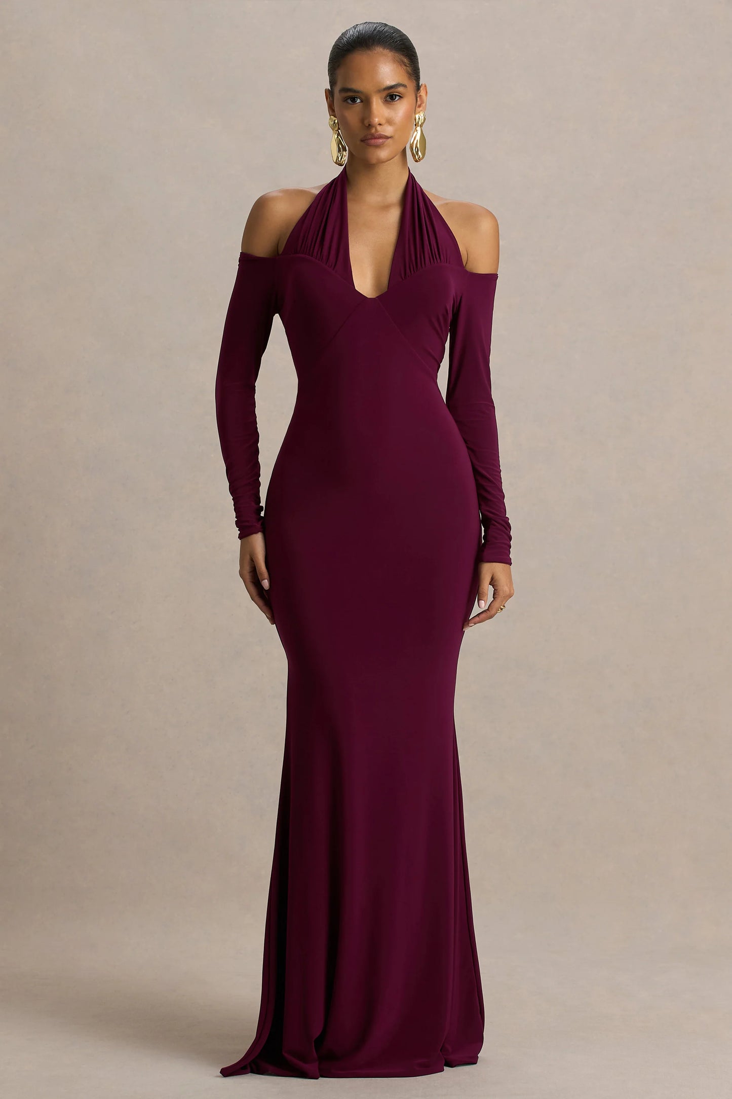 Living High Burgundy Halter-Neck Maxi Dress With Long Sleeves