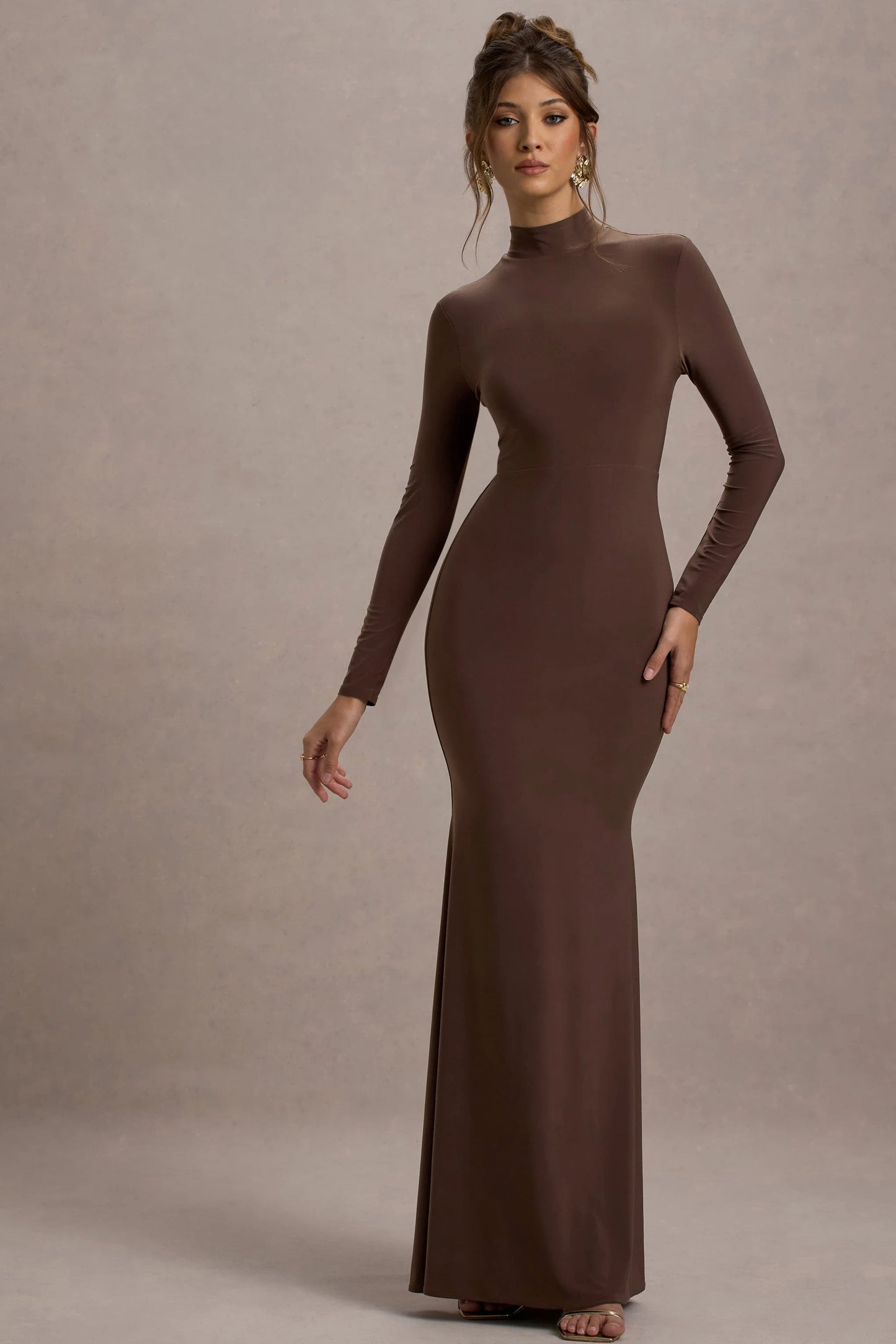 Tova Chocolate High-Neck Long-Sleeve Maxi Dress