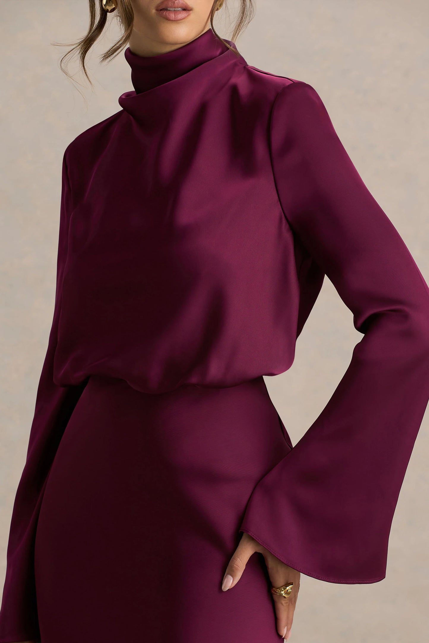 Celina Burgundy Satin High-Neck Maxi Dress