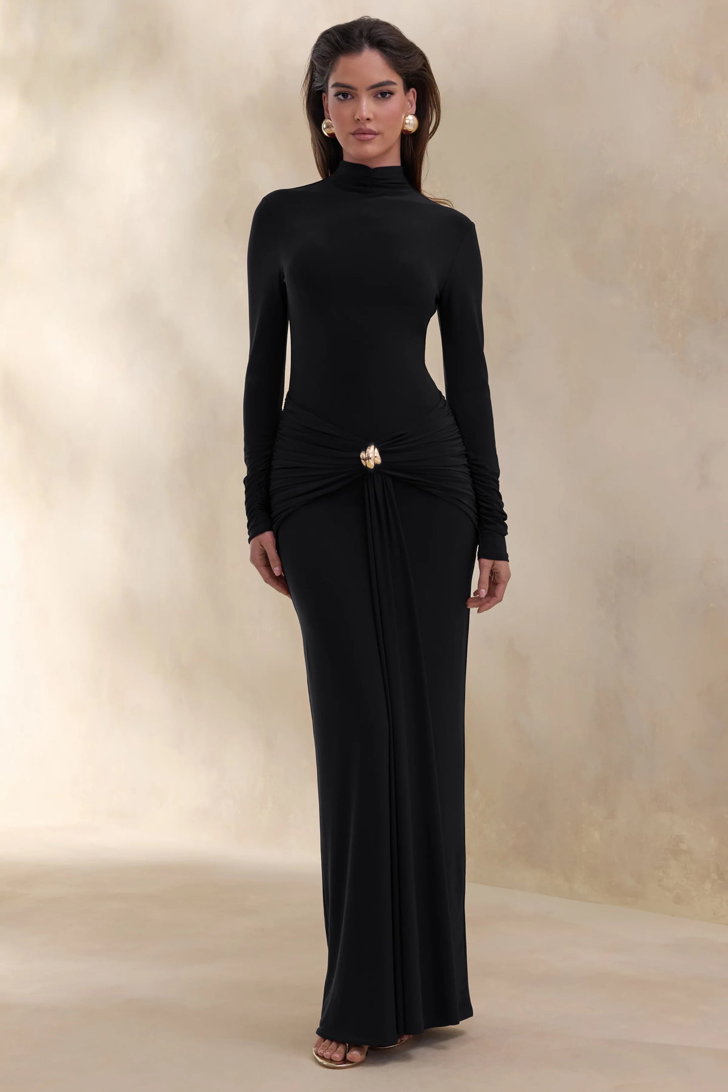 Ambrette Black High-Neck Maxi Dress With Gathered-Detailing