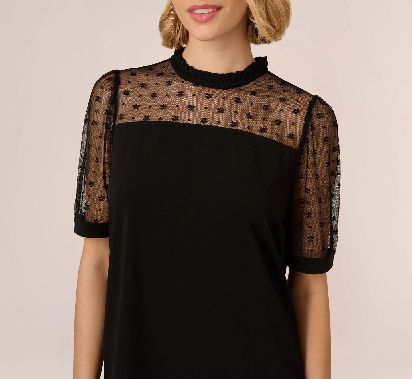 Ruffle Neck Top With Floral Mesh Short Sleeves In Black