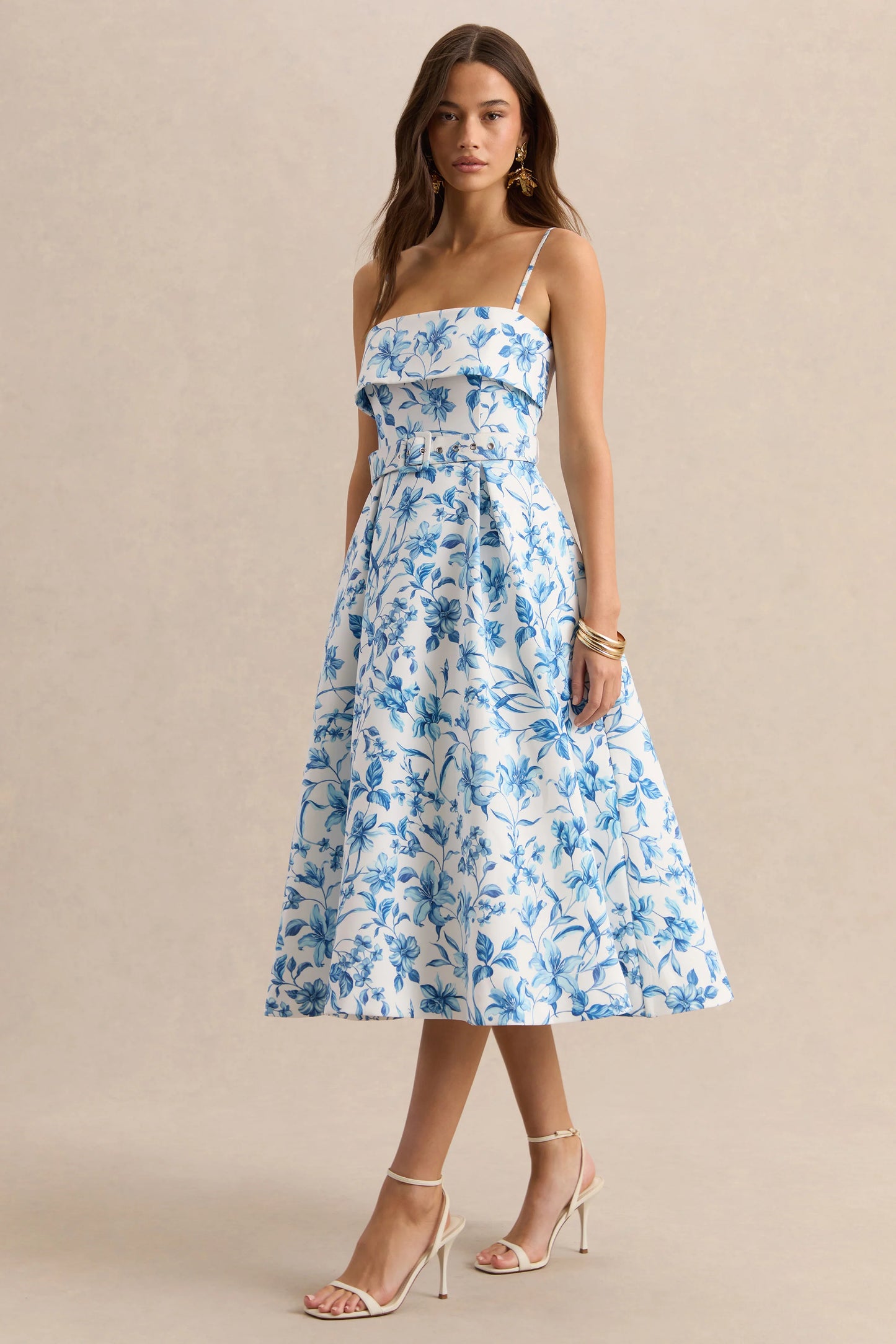 Devina Blue Porcelain Print Square-Neck Belted Midi-Dress