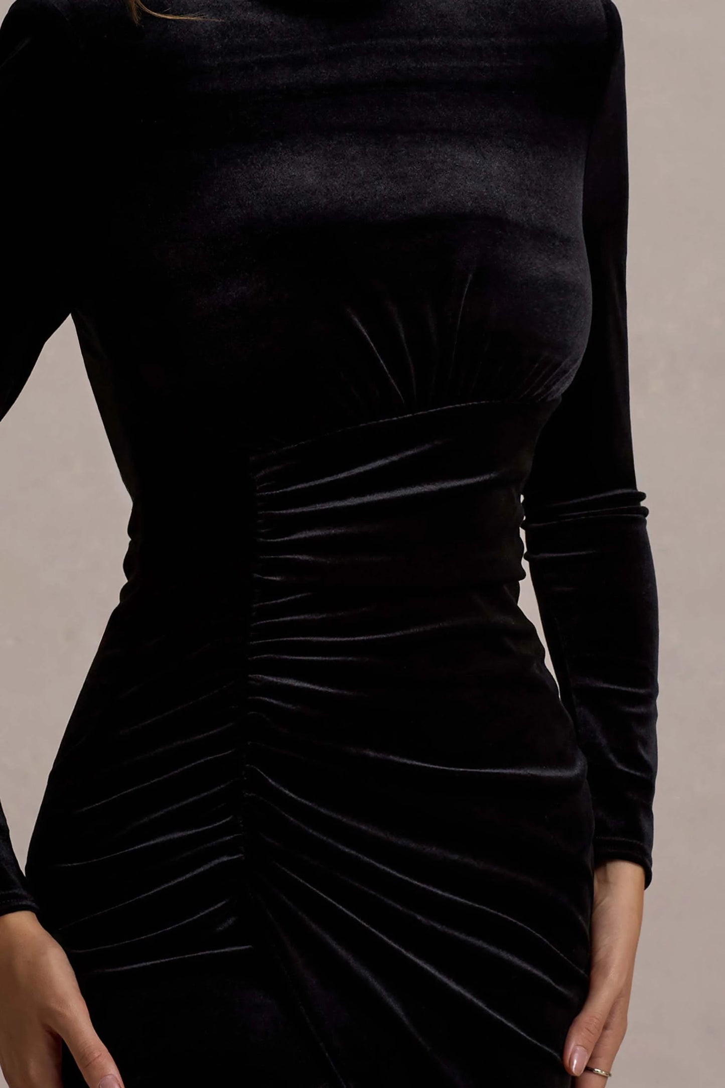 Jaz Black Velvet High-Neck Gathered Split Maxi Dress
