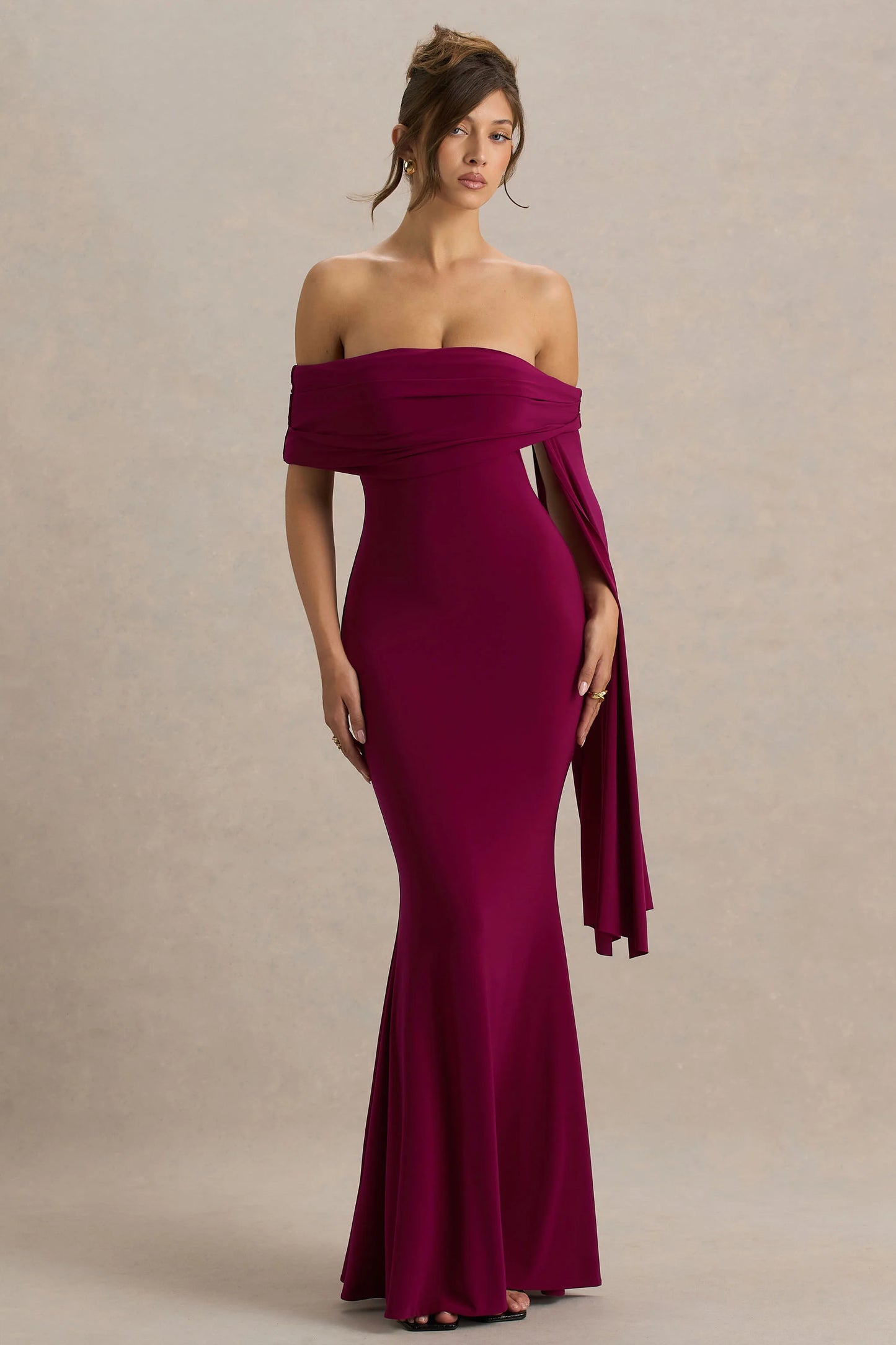Saffina Burgundy Bardot-Neck Maxi Dress With Sash Detail