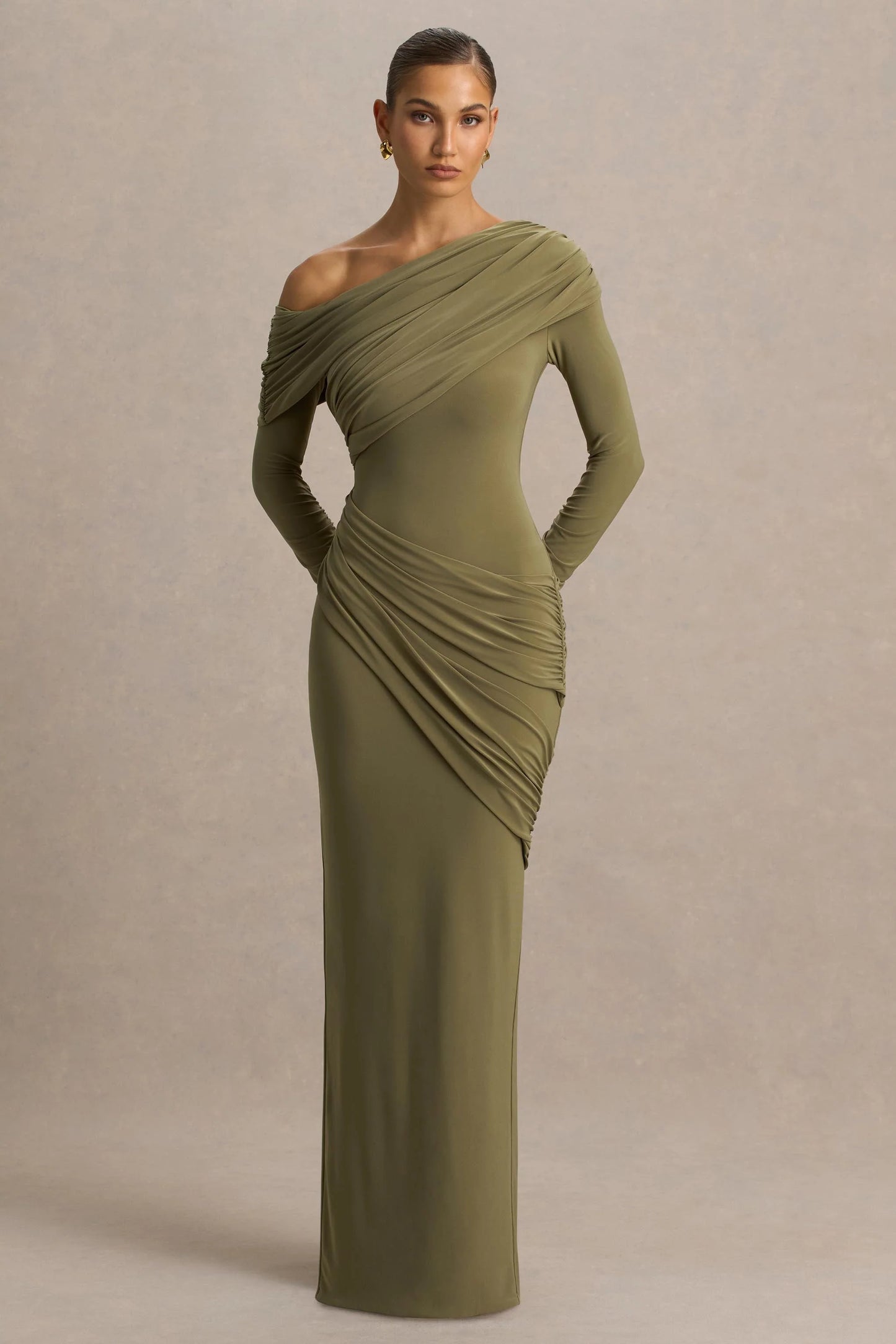 Perrie Olive Asymmetric-Neck Maxi Dress With Ruched Detailing