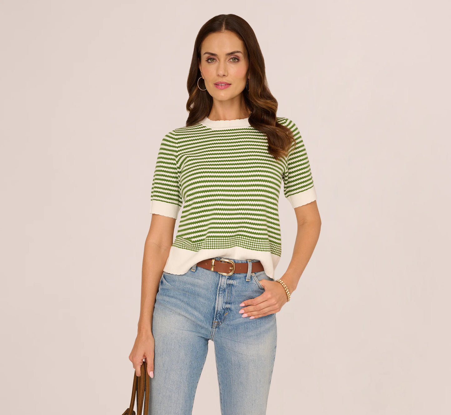 Short Sleeve Scalloped Stripe Pullover Sweater In Ivory Foliage