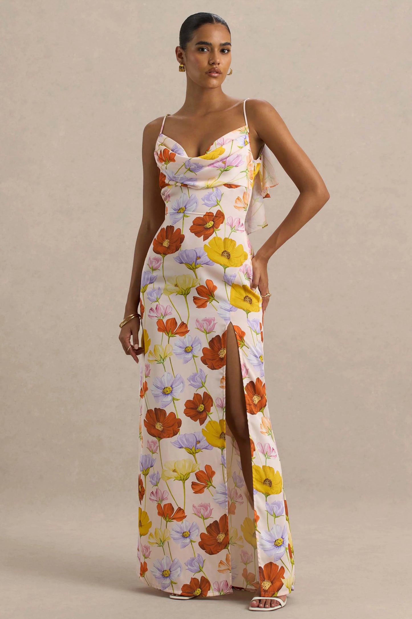 Thames Bright Floral Print Satin Cowl-Neck Maxi Dress