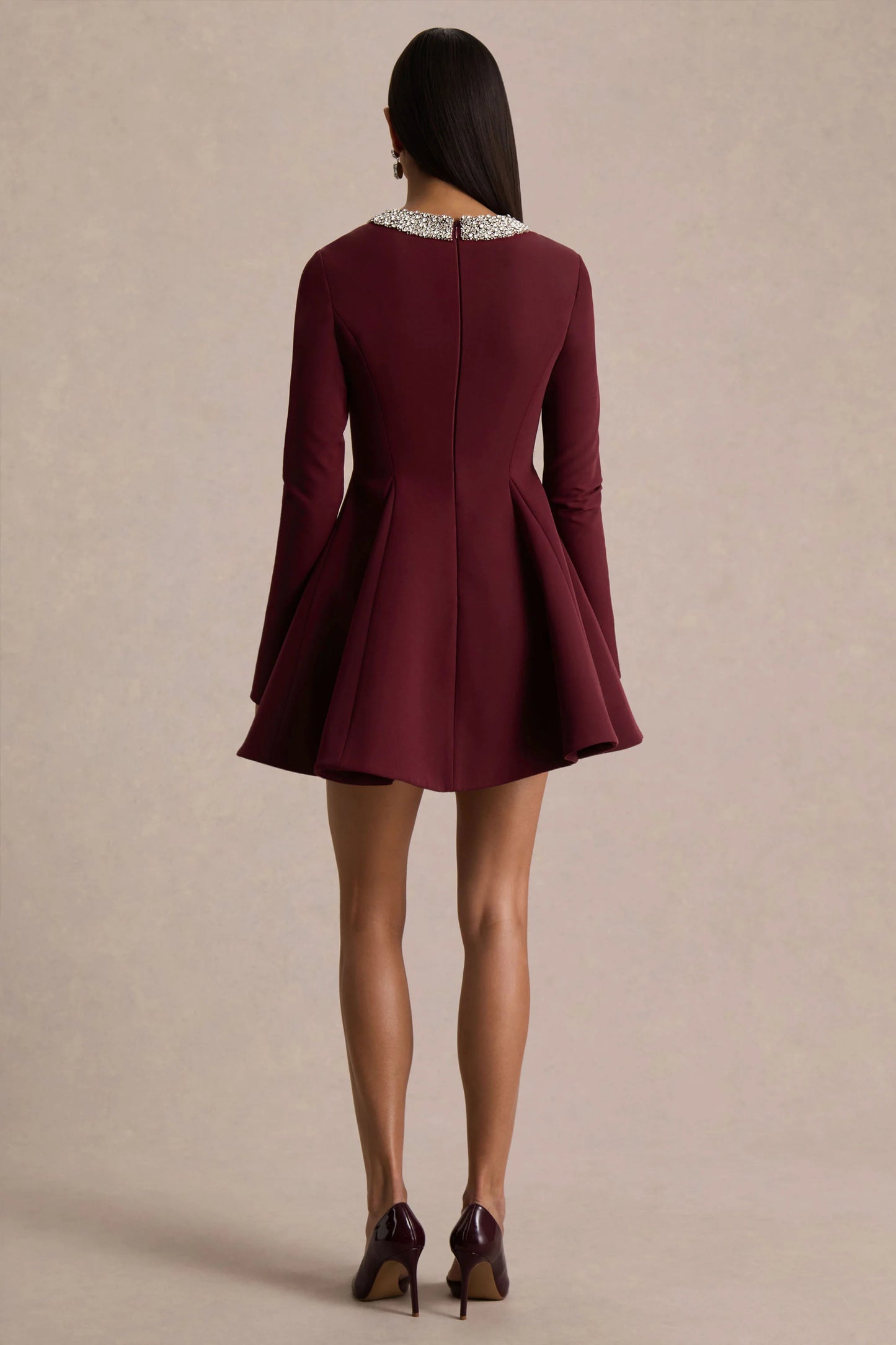 Eletta Burgundy Embellished Crew-Neck Mini Dress