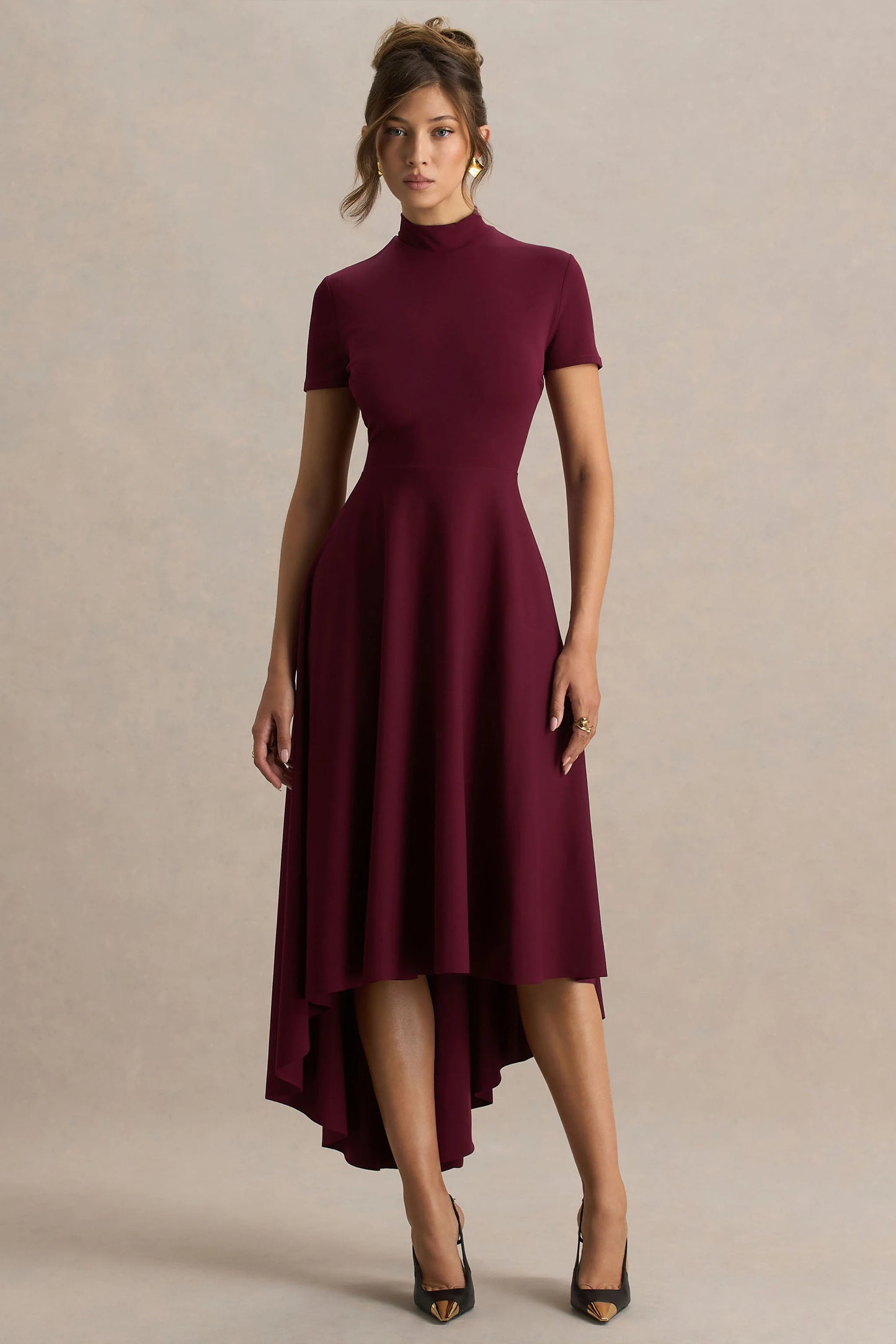 Bellona Burgundy High-Neck High-Low Midi Dress