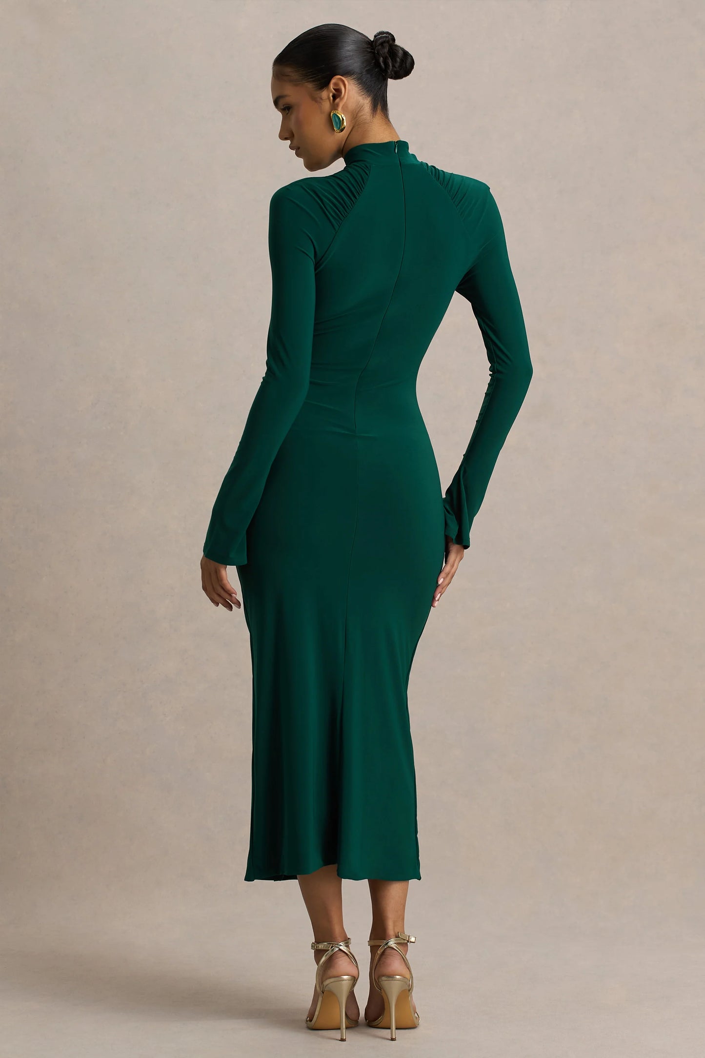 Cassandra Bottle Green High-Neck Long-Sleeve Midi Dress