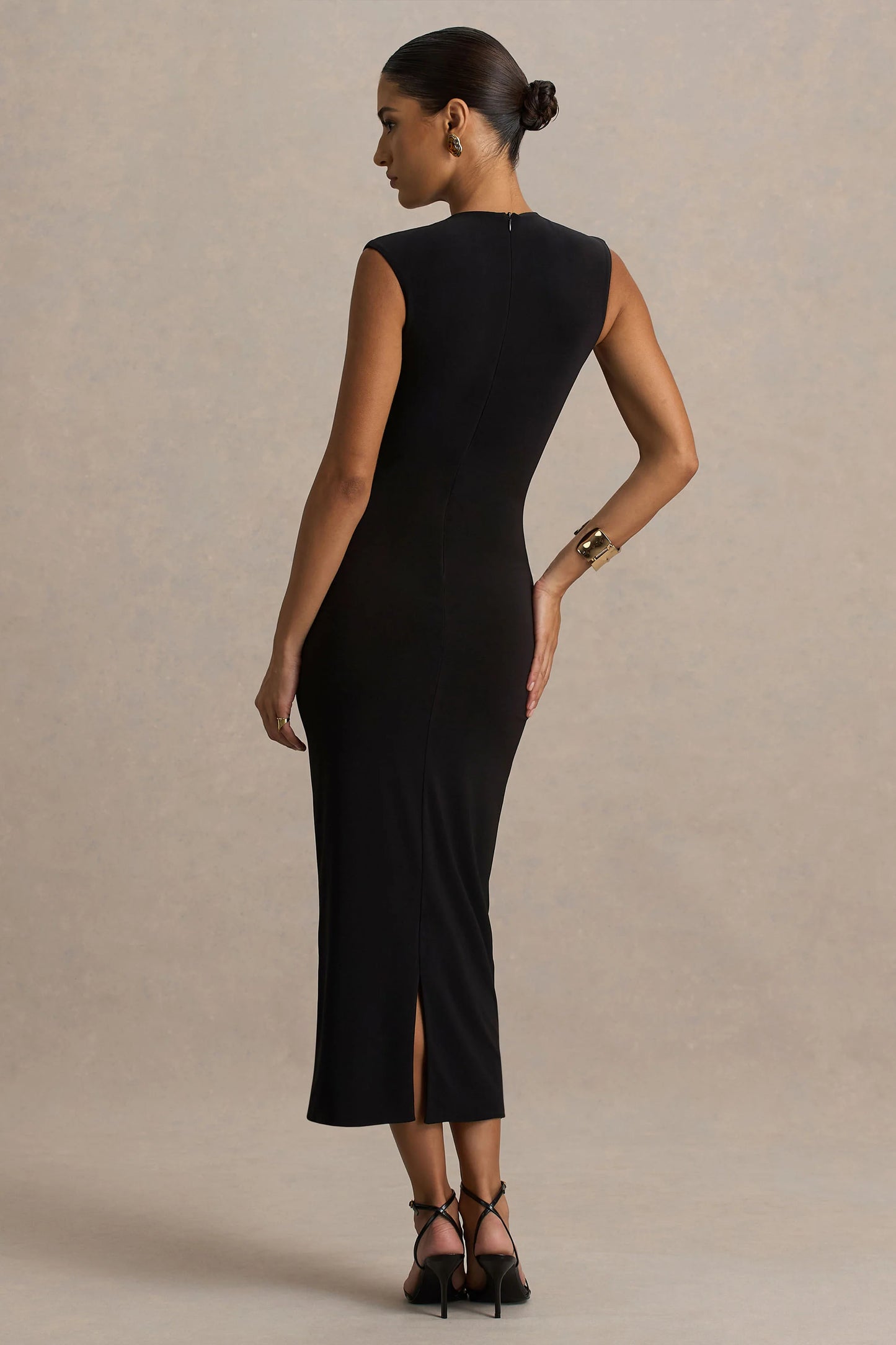 Harlow Black Crew-Neck Wrapped Midi Dress