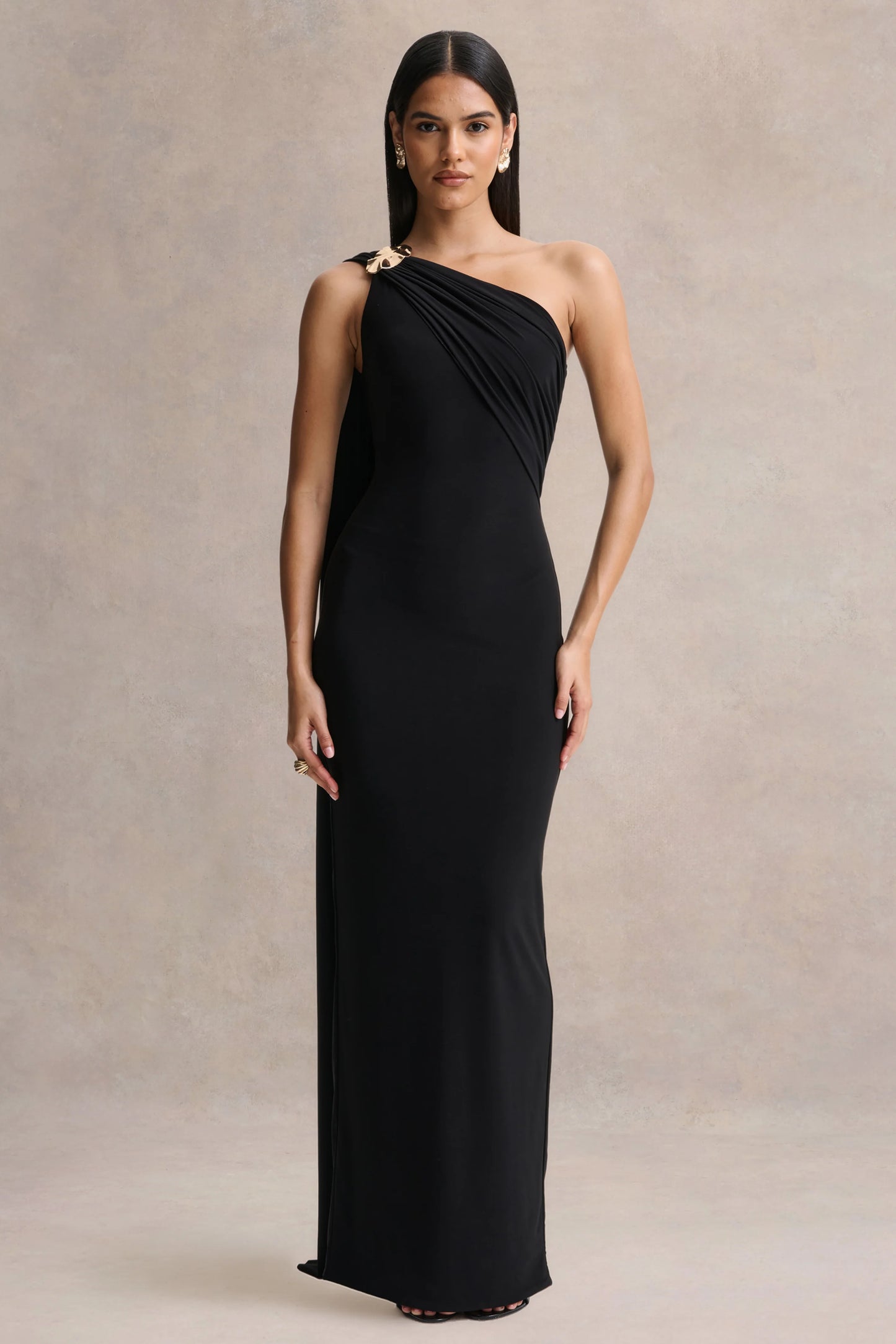 Mandy Black Asymmetric-Neck Maxi Dress