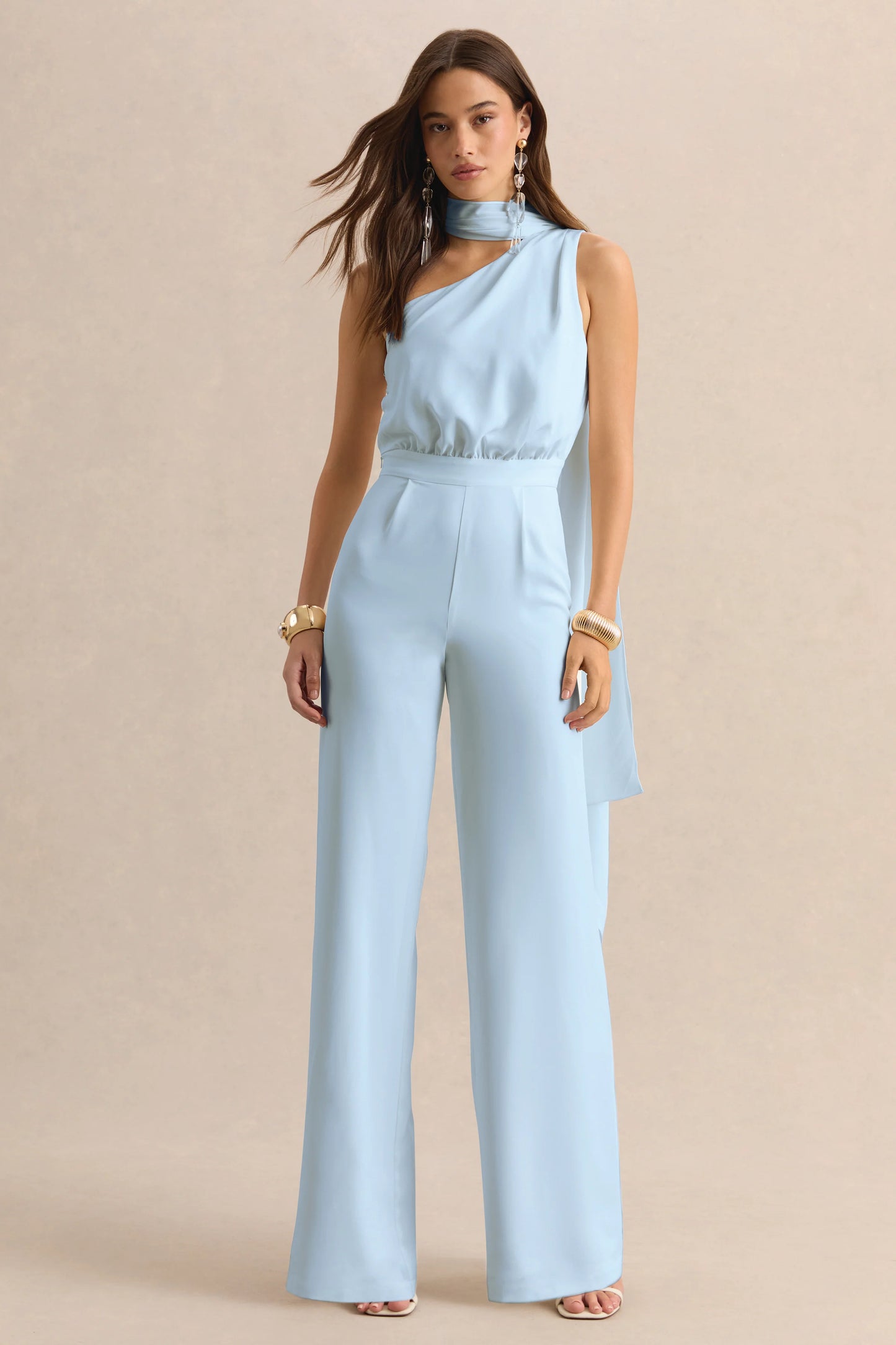 Gliselle Powder Blue Asymmetric-Neck Jumpsuit With Scarf-Detail